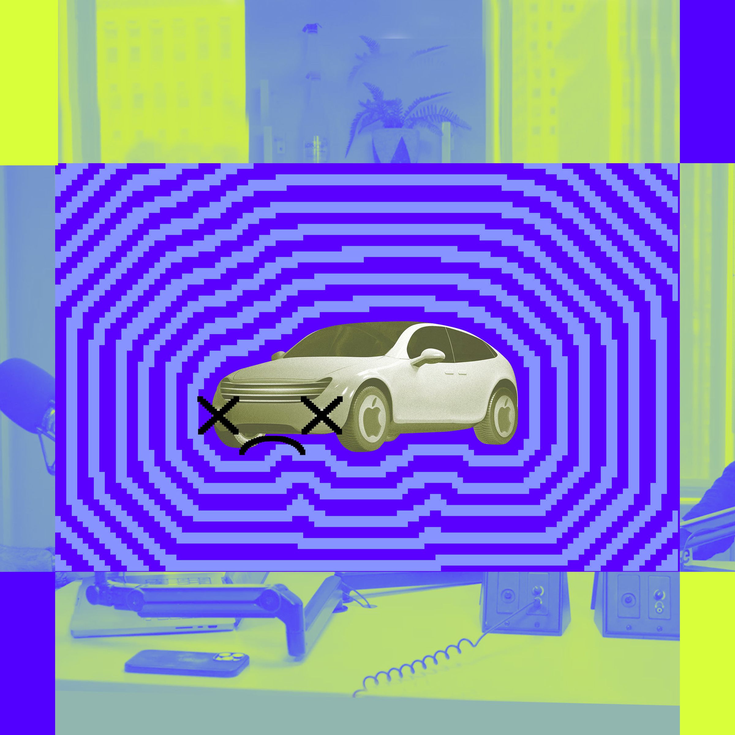 An illustration showing the Apple Car overtop of the Vergecast logo.