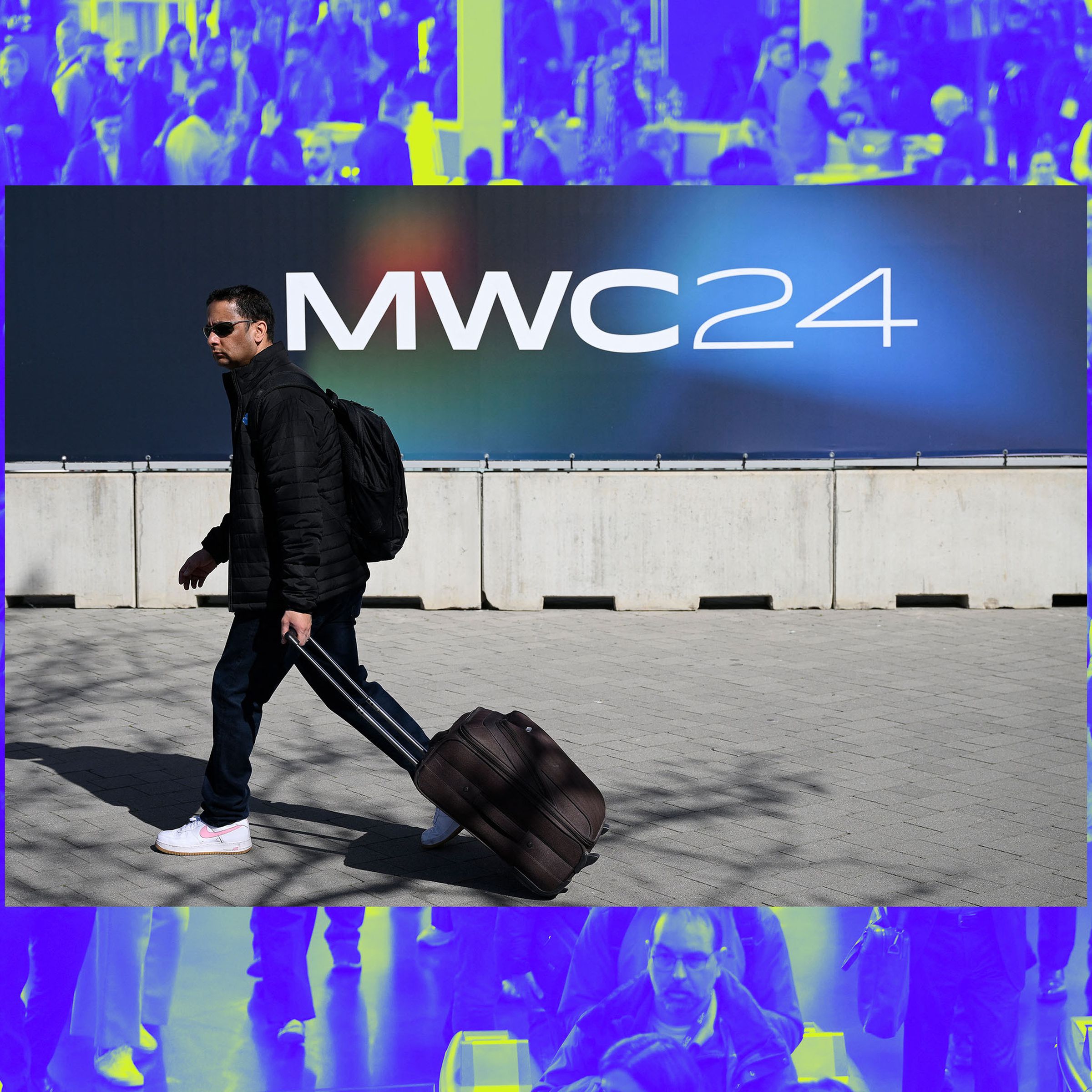 An image of a person walking with a MWC sign in the background.