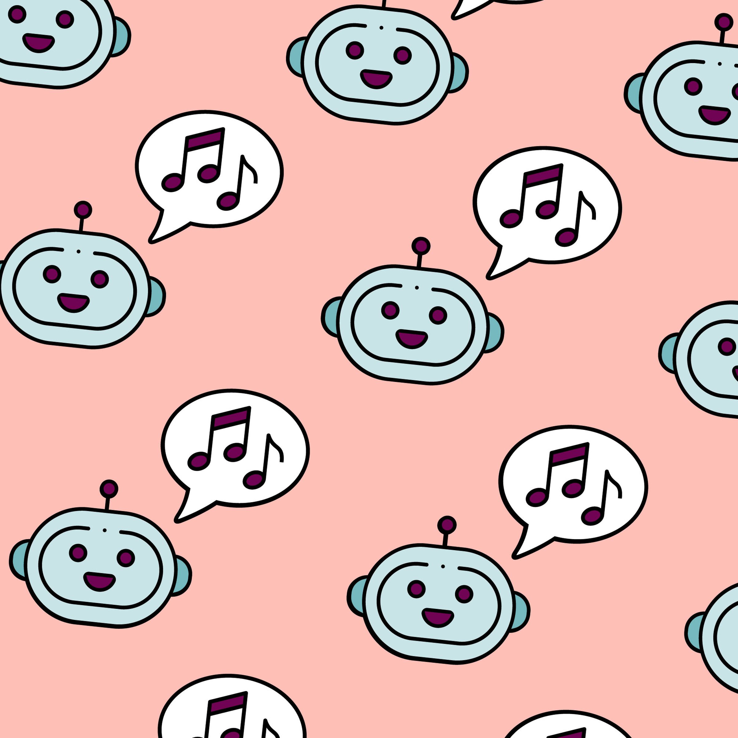An image showing a slightly off-kilter grid of happy-looking robot faces with\ speech bubbles containing music notes.
