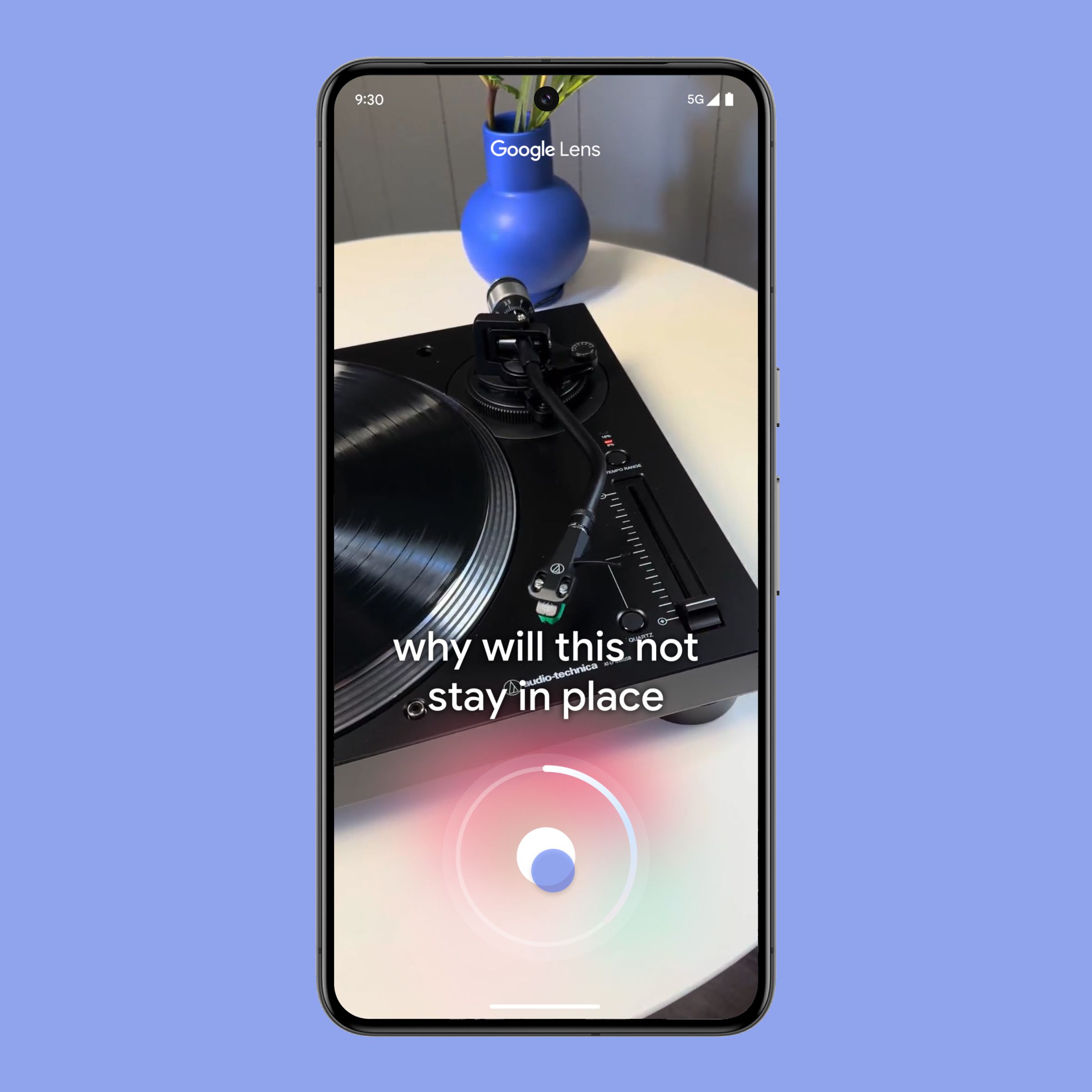 A screenshot showing a video in Google Lens of a broken turntable.