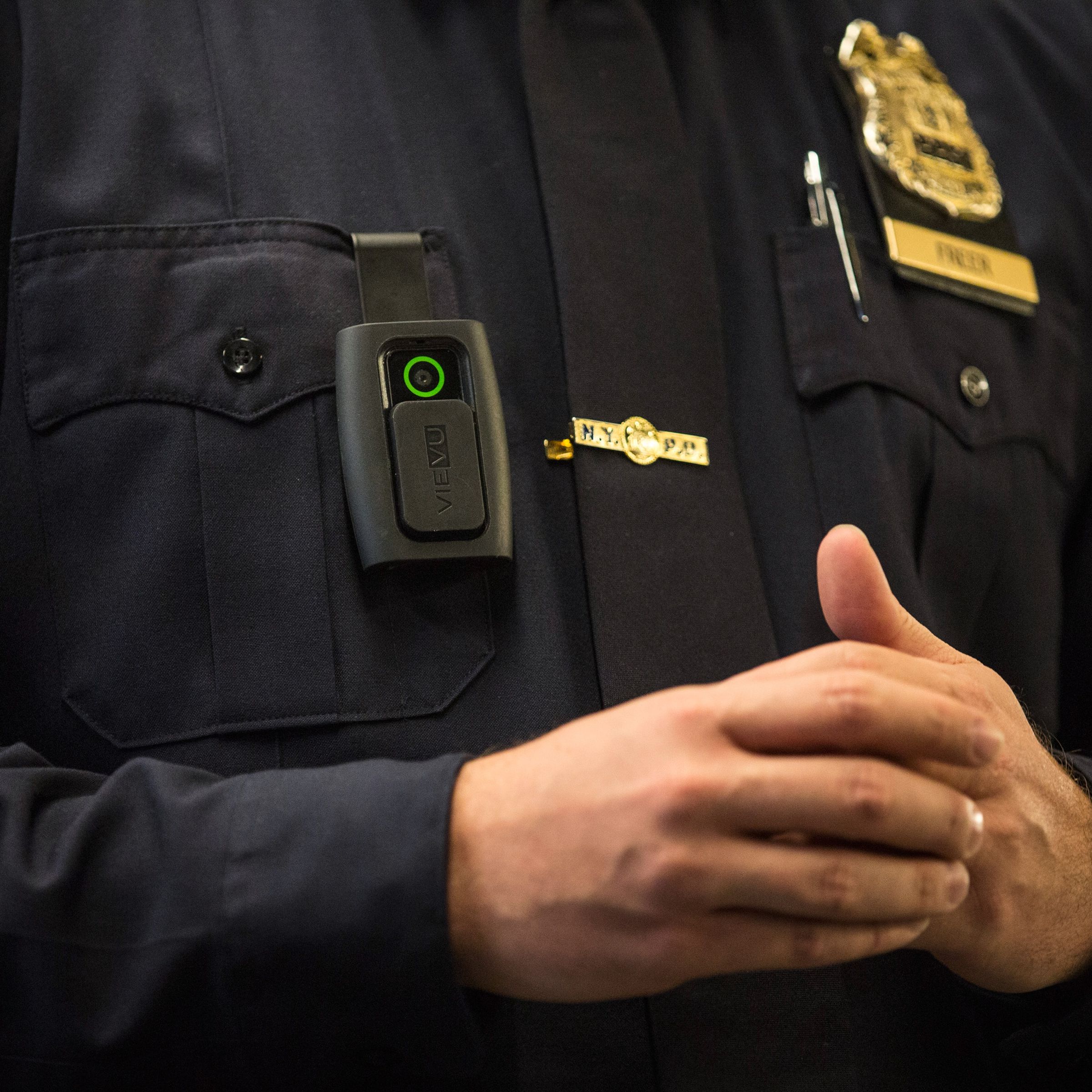 Mayor De Blasio Discusses Use Of Police Body Cameras At Police Academy In Queens