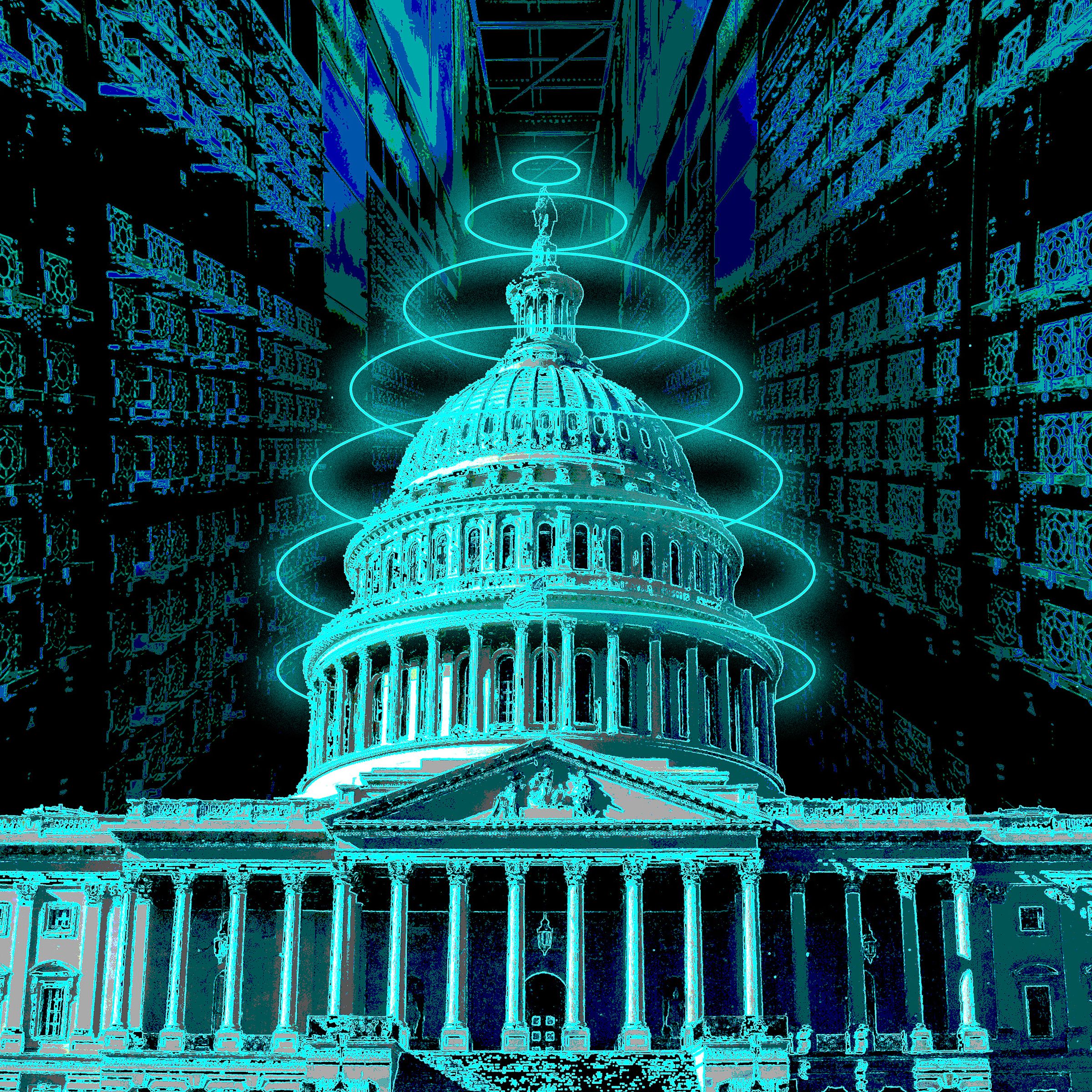 A picture of the US Capitol stylized with rings around the dome.