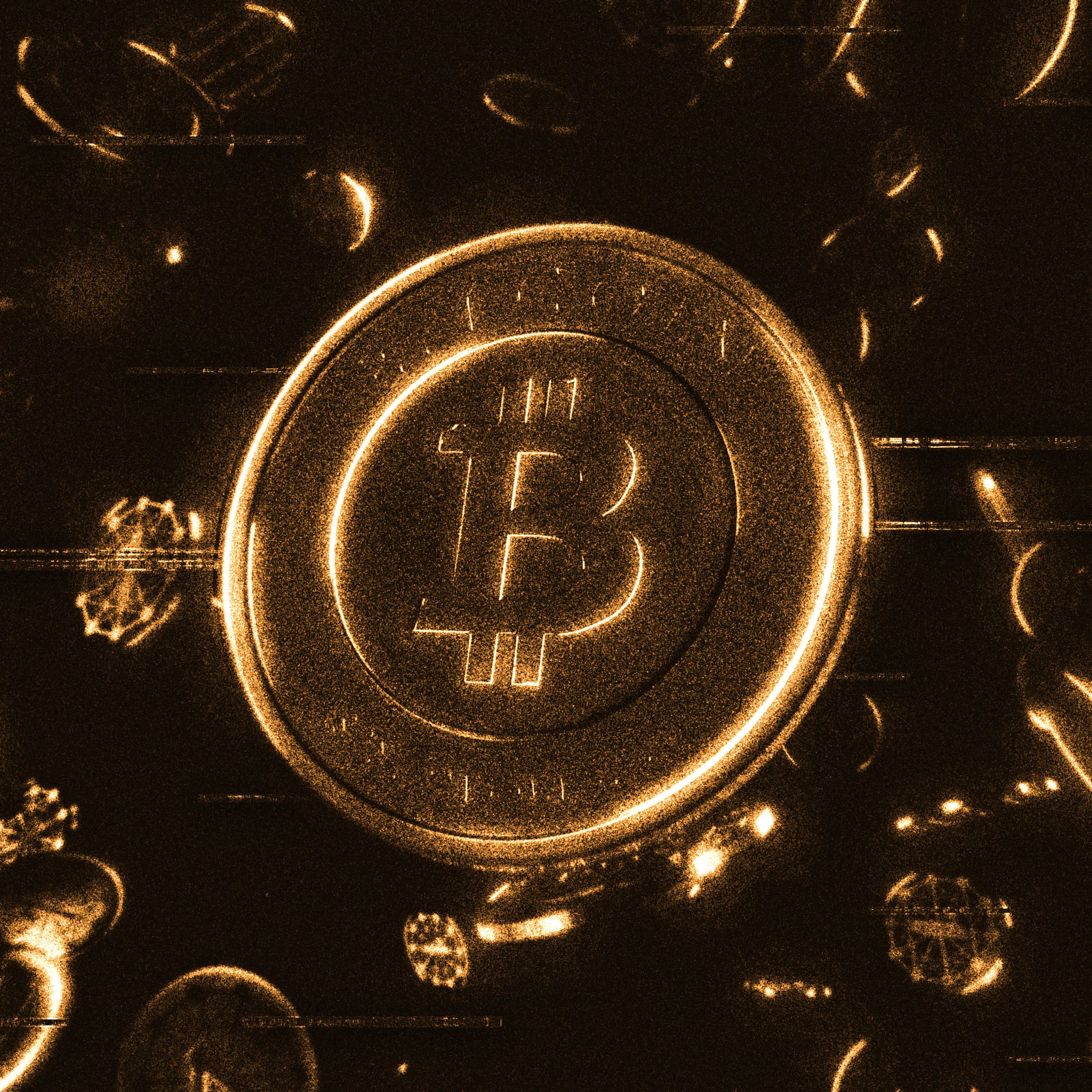 An image of the Bitcoin logo on a gold coin surrounded by other coins