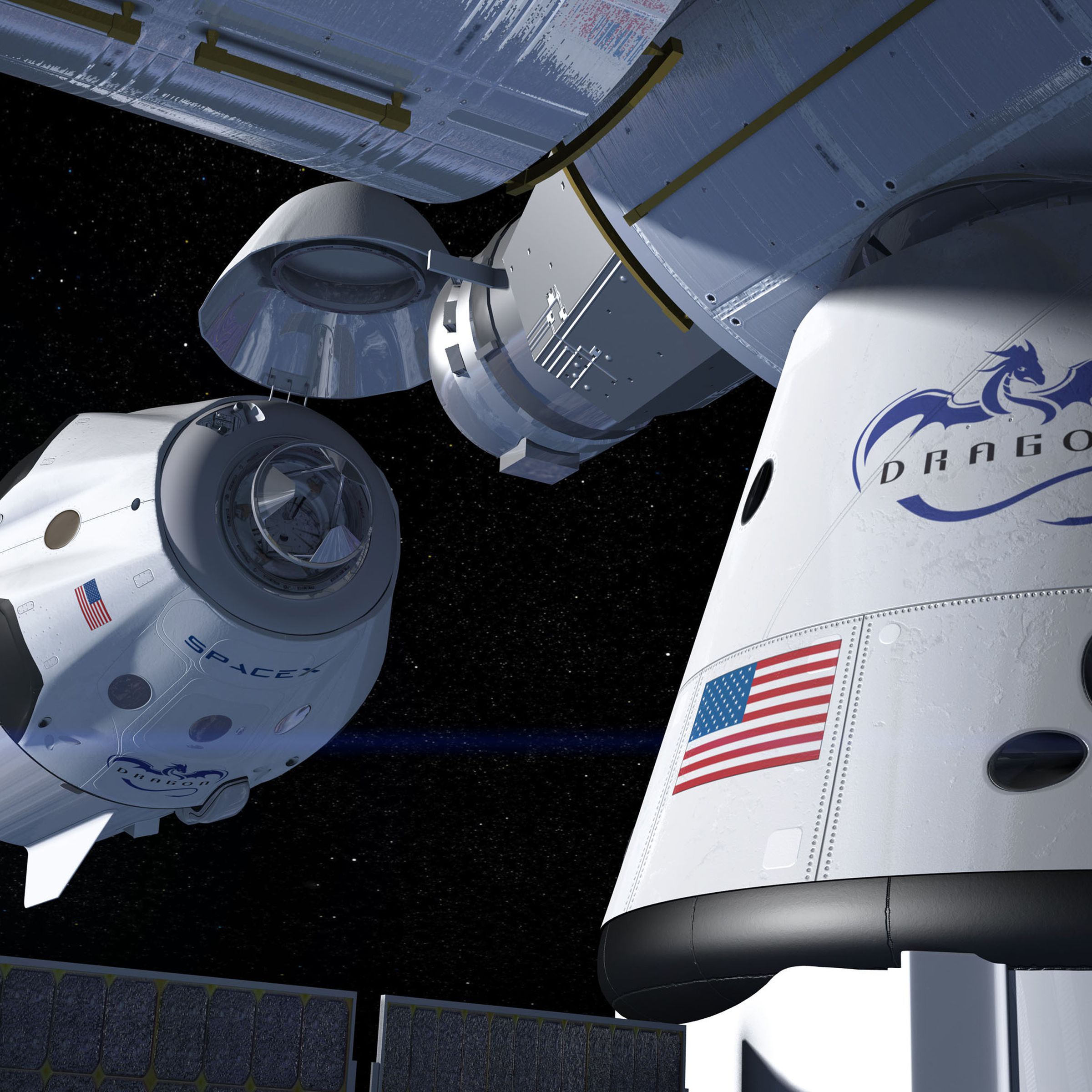An artistic rendering of NASA’s Crew Dragon docking with the International Space Station.