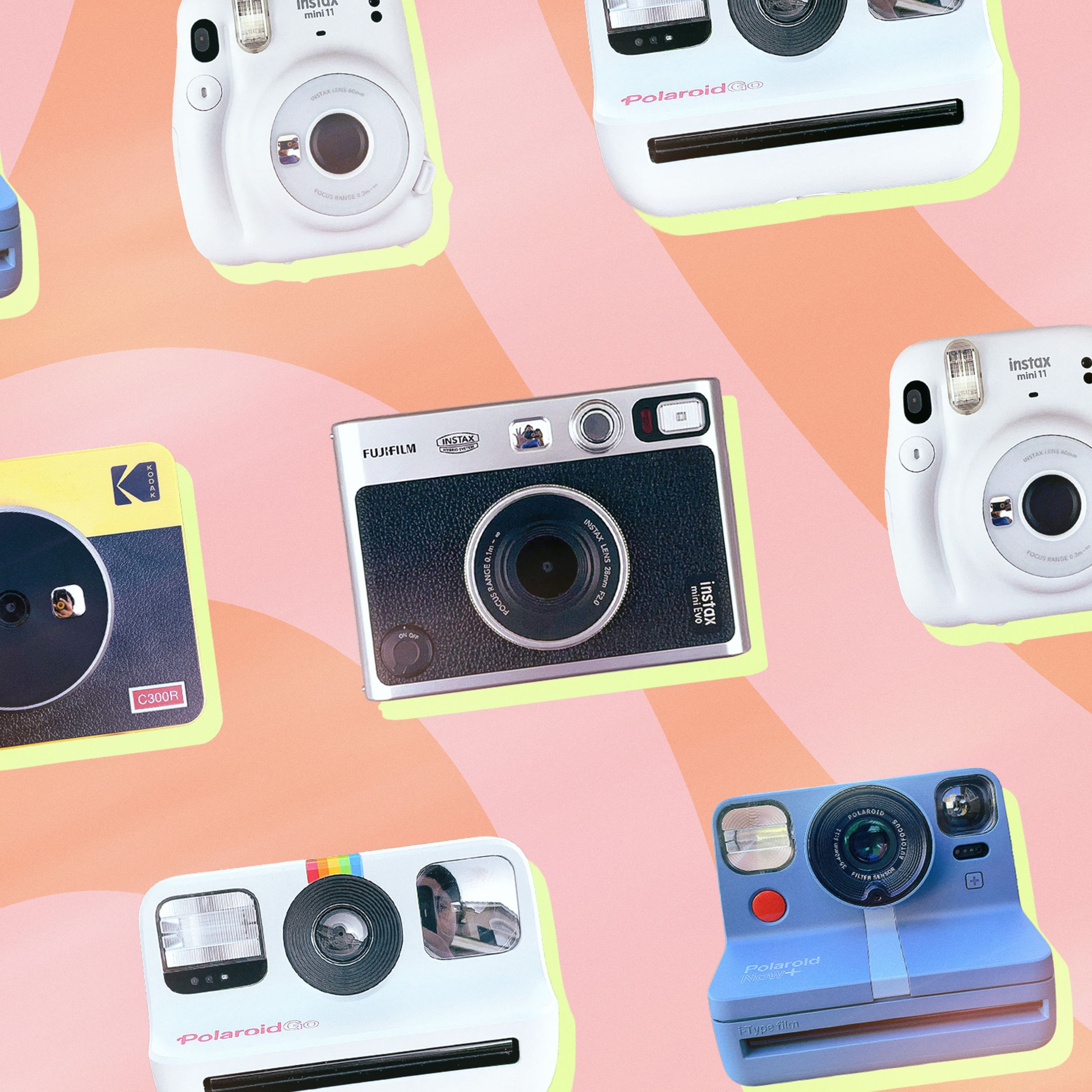 A variety of instant cameras against a pink background.