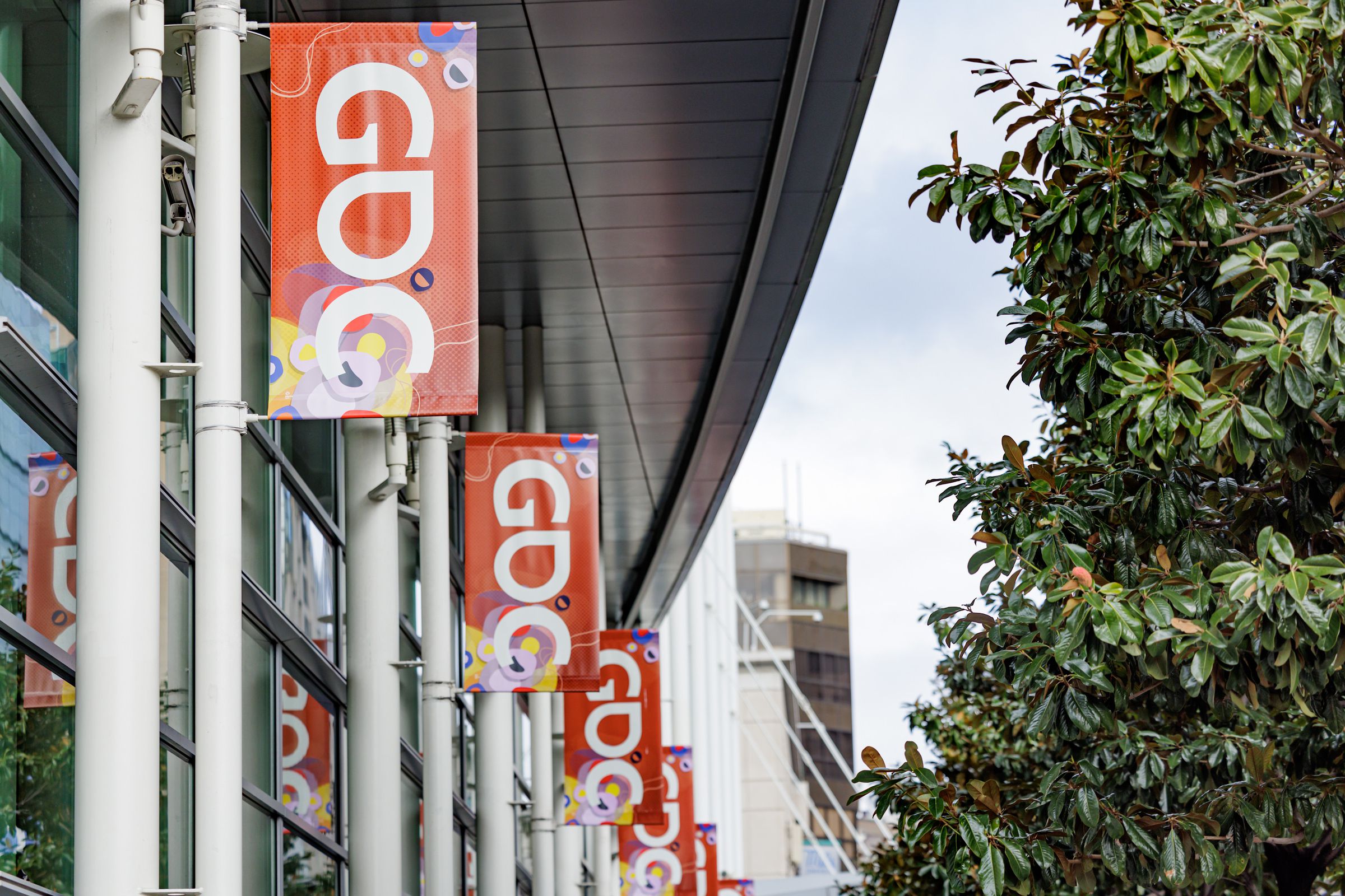 A photo of flags on the streets of San Francisco for GDC 2023.