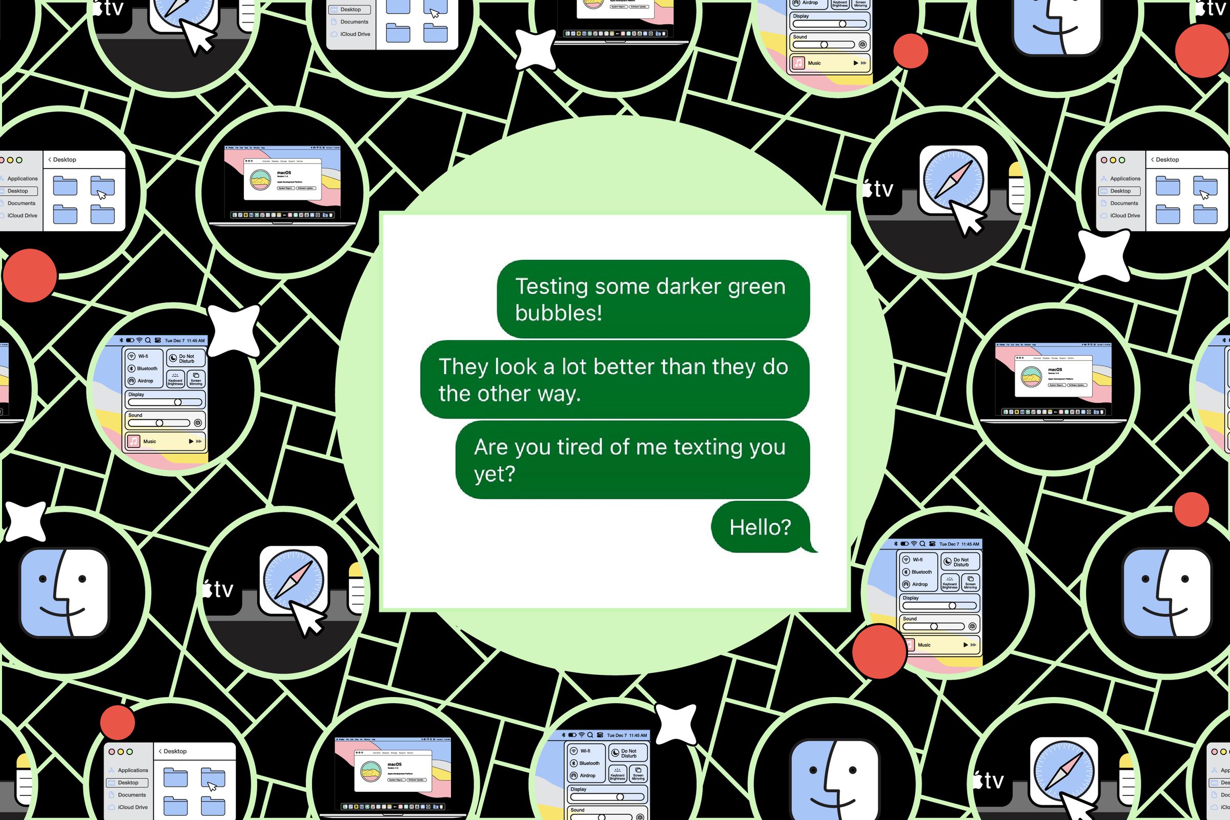 An illustration of darker green text message bubbles on iPhone.