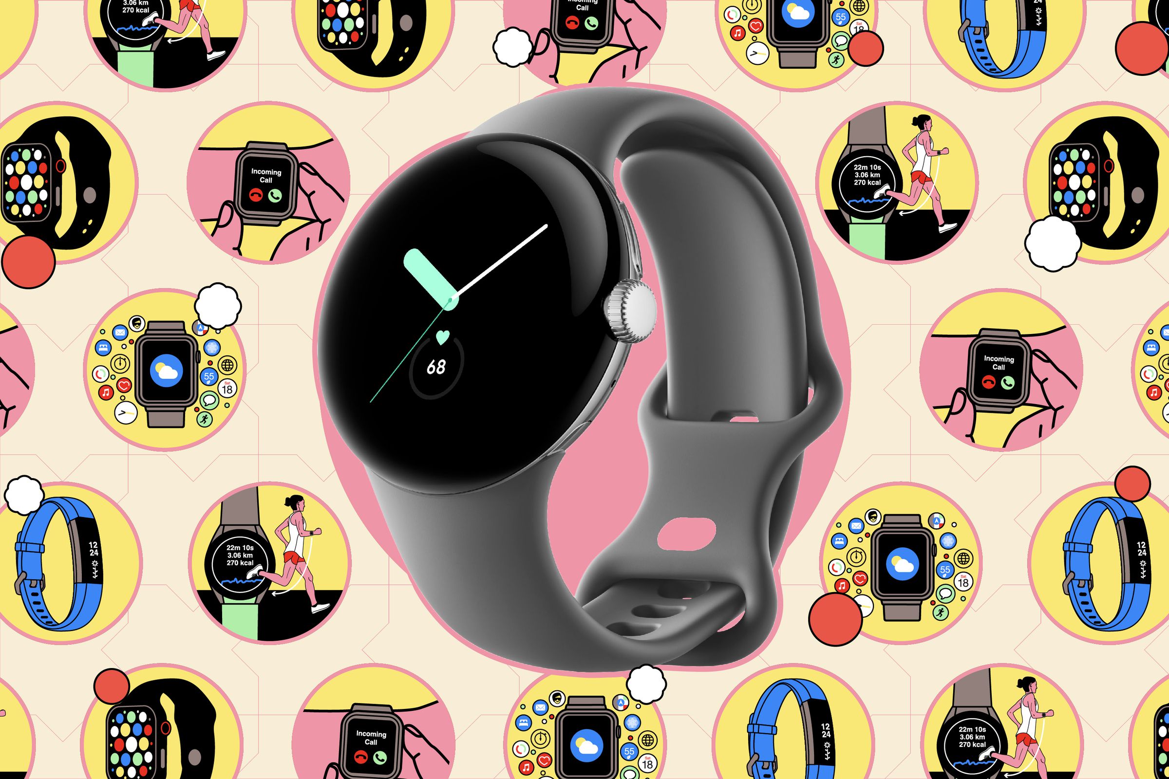 Pixel Watch on a colorful background of smartwatch illustrations