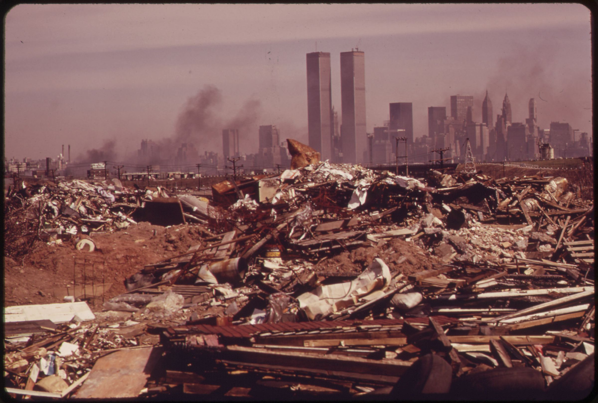 An illegal dumping area off the New Jersey Turnpike, facing Manhattan across the Hudson River in 1973.
