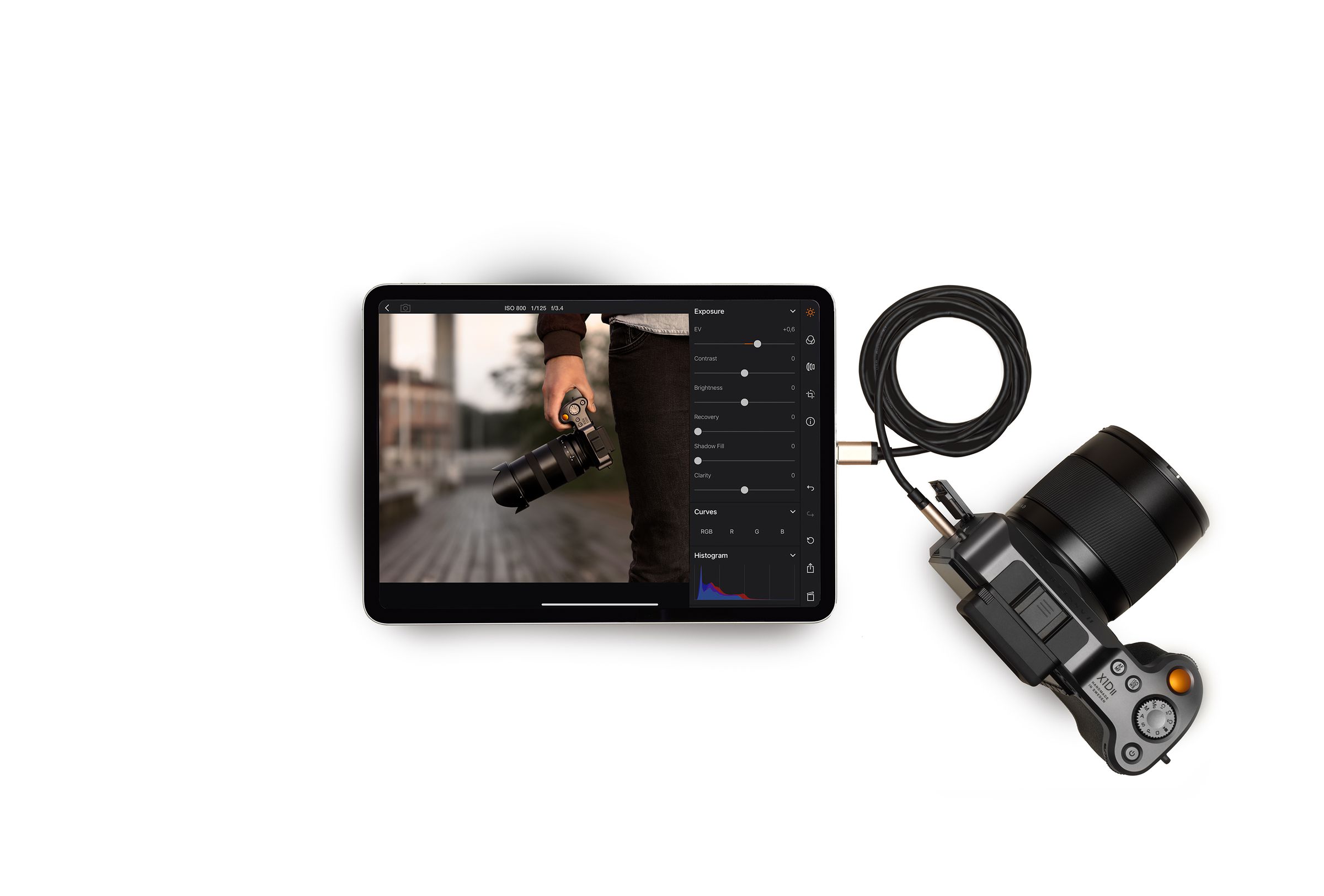 The X1D II is the first medium format camera that can shoot tethered over USB to an iPad