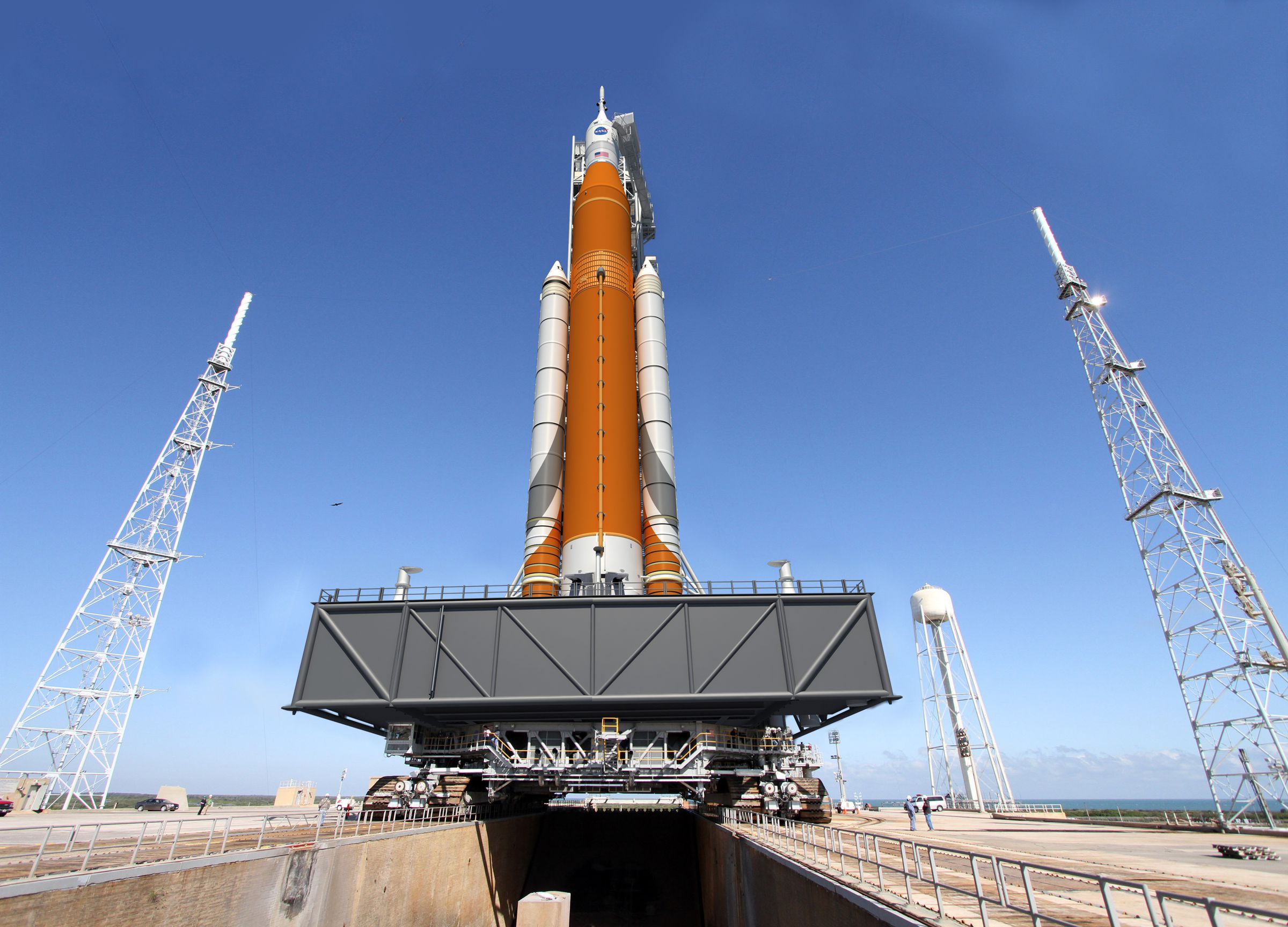 A rendering of the Space Launch System on the launchpad.