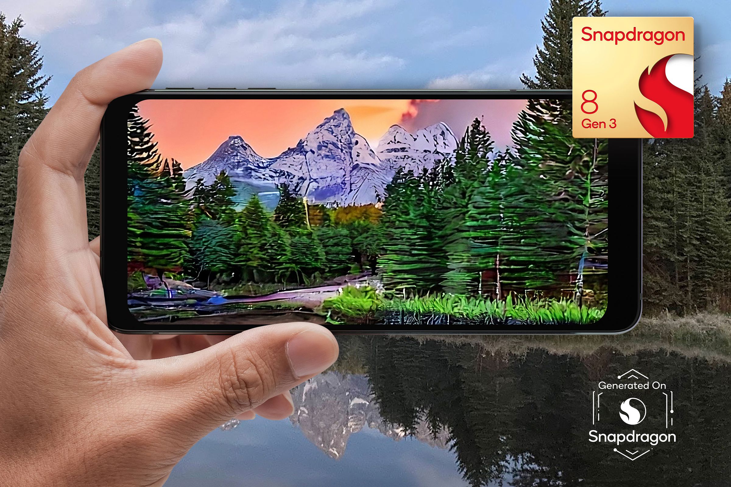 Rendering showing a phone taking a photo of a scene with trees and mountains.