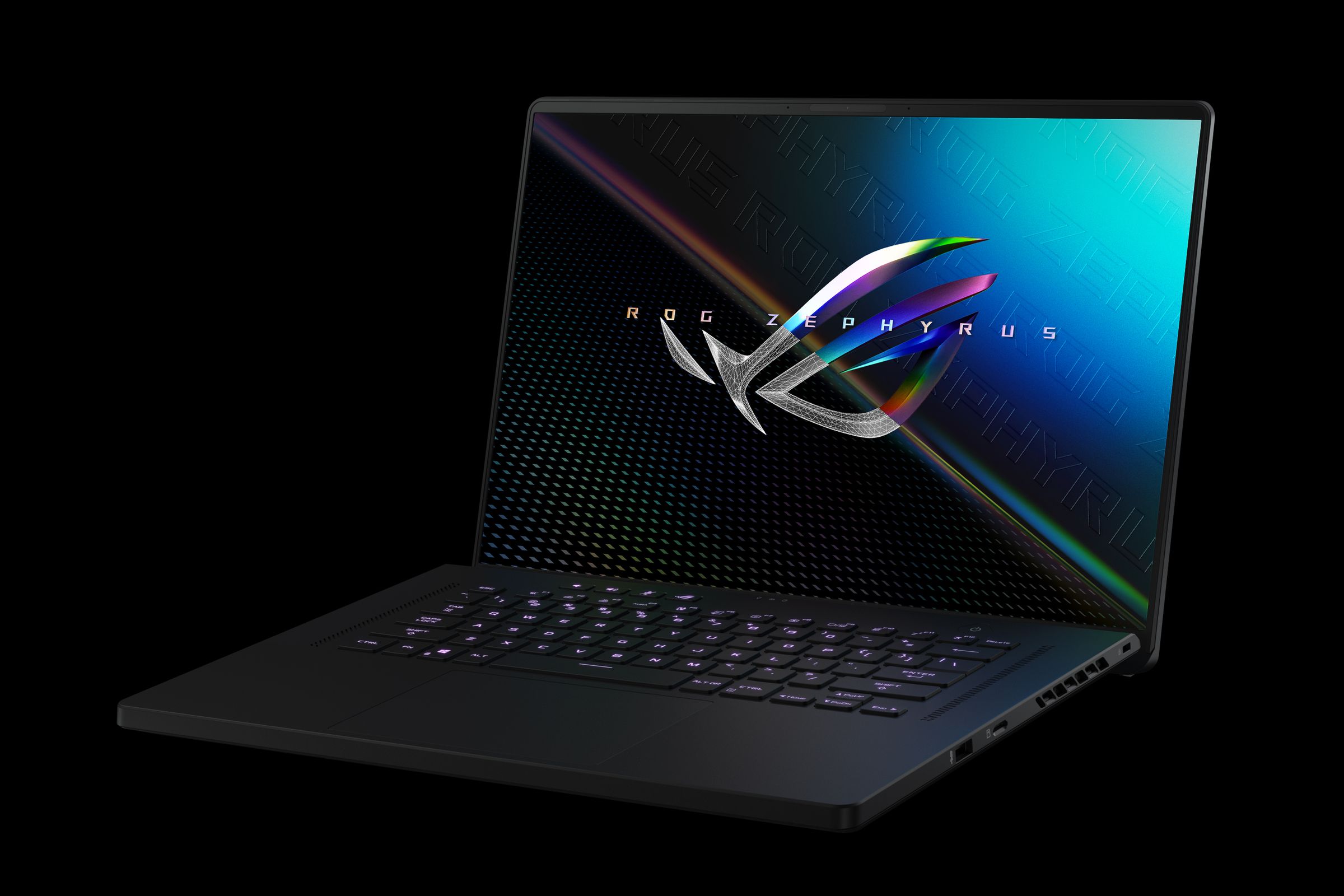 The Asus ROG Zephyrus M16 open, angled slightly to the left on a black background. The screen displays the ROG logo.