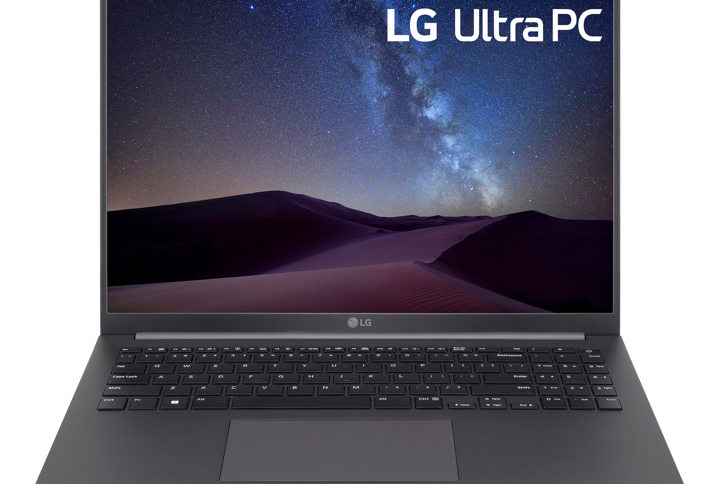 The LG Ultra PC 17 on a white background, open. The screen displays a pastoral night scene with LG Ultra PC printed in the top right corner.