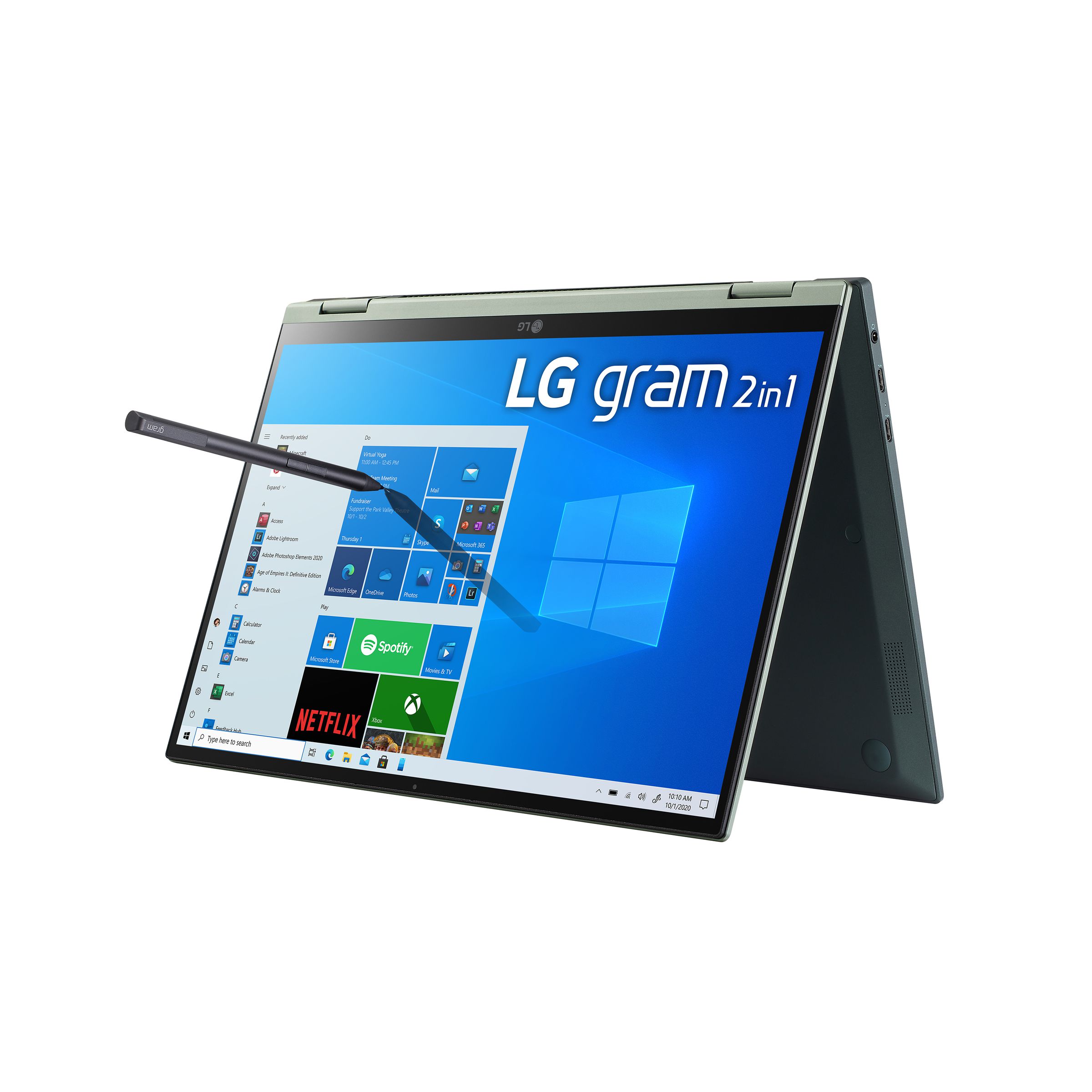The 14-inch LG Gram 2-in-1 standing in tent mode, angled to the left. The start menu is open; a stylus appears to press one of its icons.