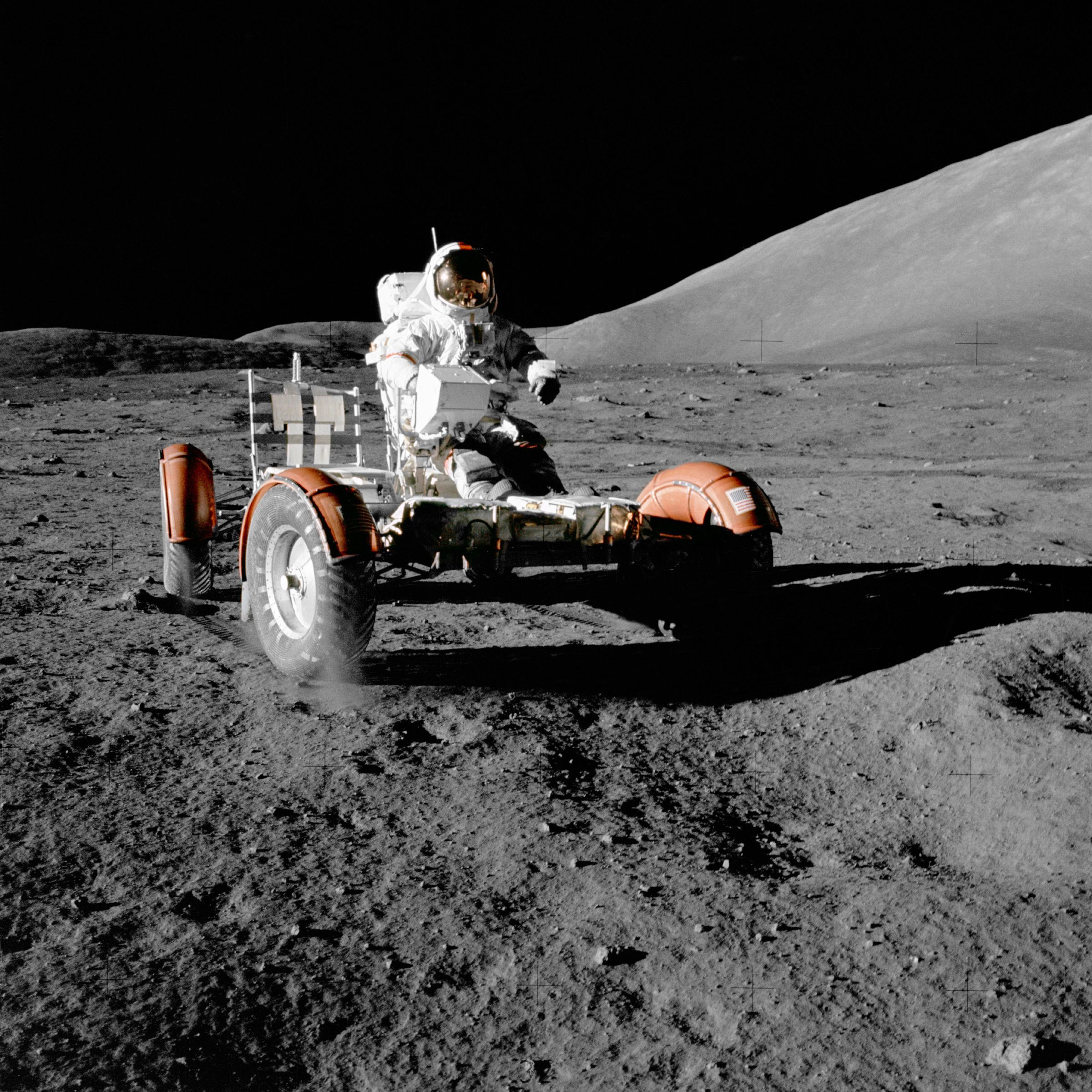 Apollo 17 astronaut Eugene Cernan aboard his Lunar Roving Vehicle on the Moon’s bumpy Taurus-Littrow landing site.