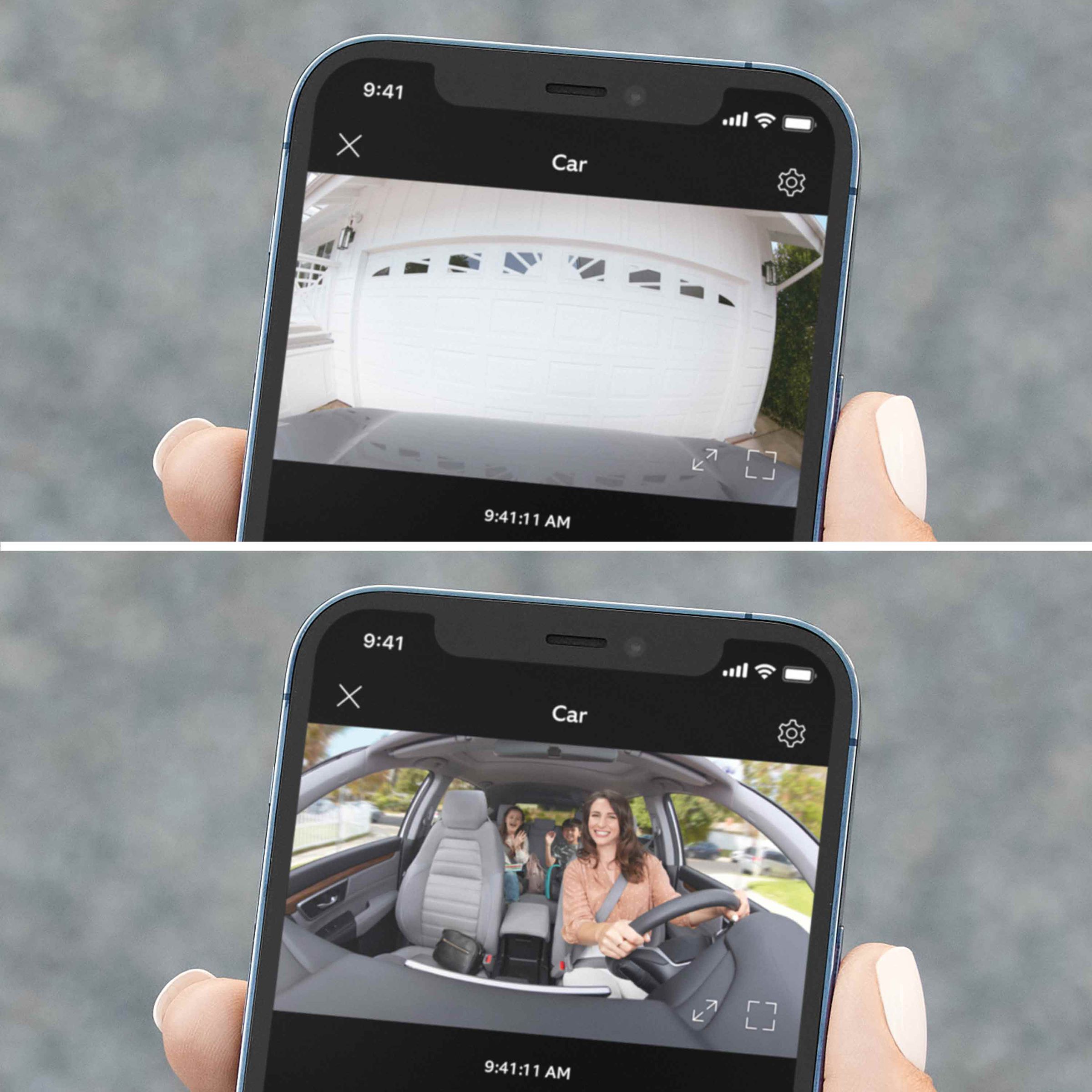 The Ring Car Cam works through the Ring app and shows you two views, one from the front-facing camera and one from the interior-facing camera.