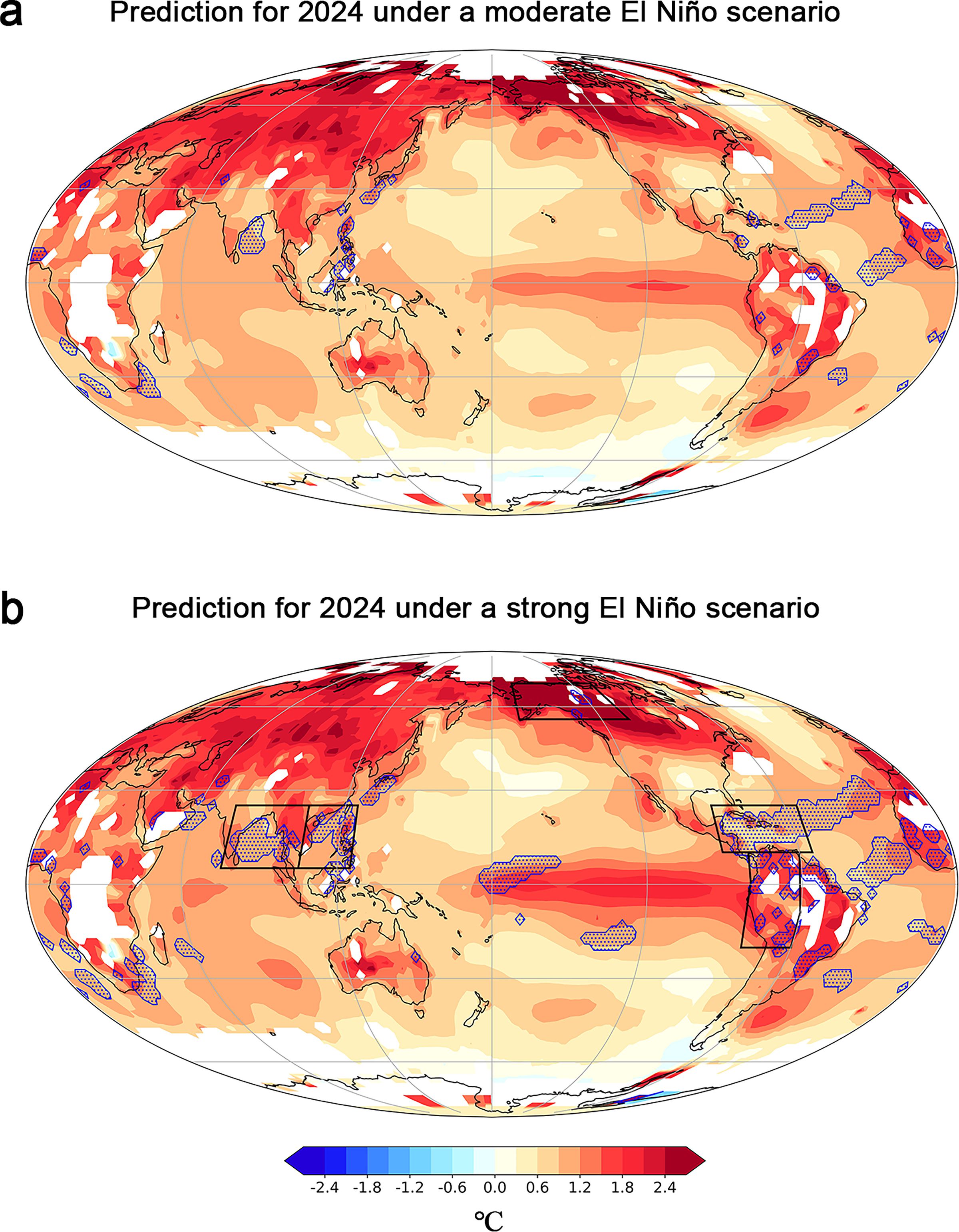 Two maps depict global temperatures under a) a moderate El Niño scenario and b) a strong El Niño scenario. The regions expected to experience record-breaking heat are marked by blue dots. Black boxes in (b) note hard-hit regions: the Bay of Bengal, the South China Sea, the Caribbean Sea , Alaska, and the Amazon.