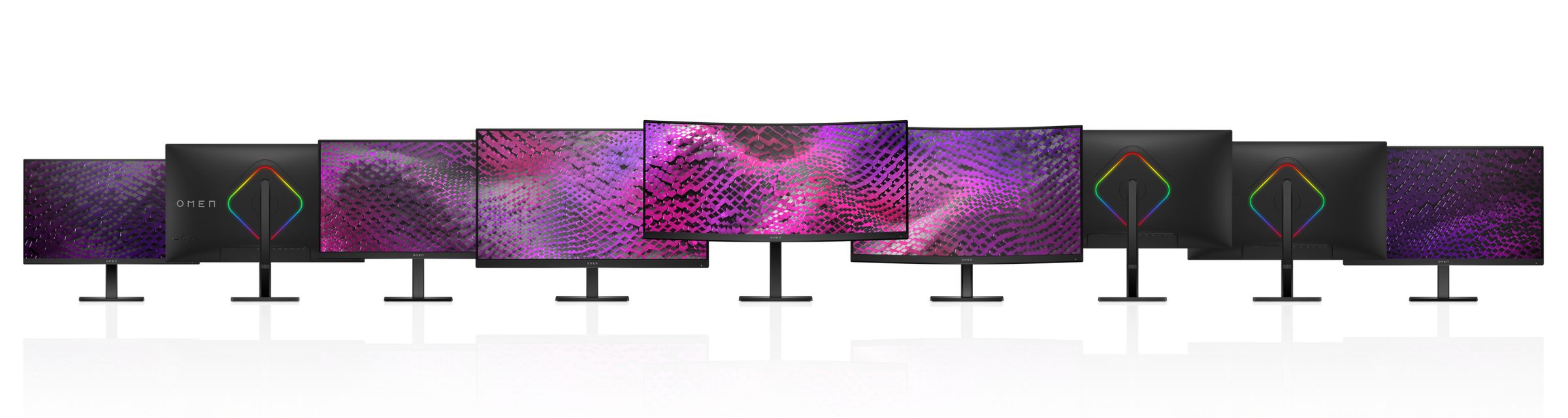 All nine of HP’s new Omen gaming monitors announced in March 2023. The monitors are lined up against a white backdrop.