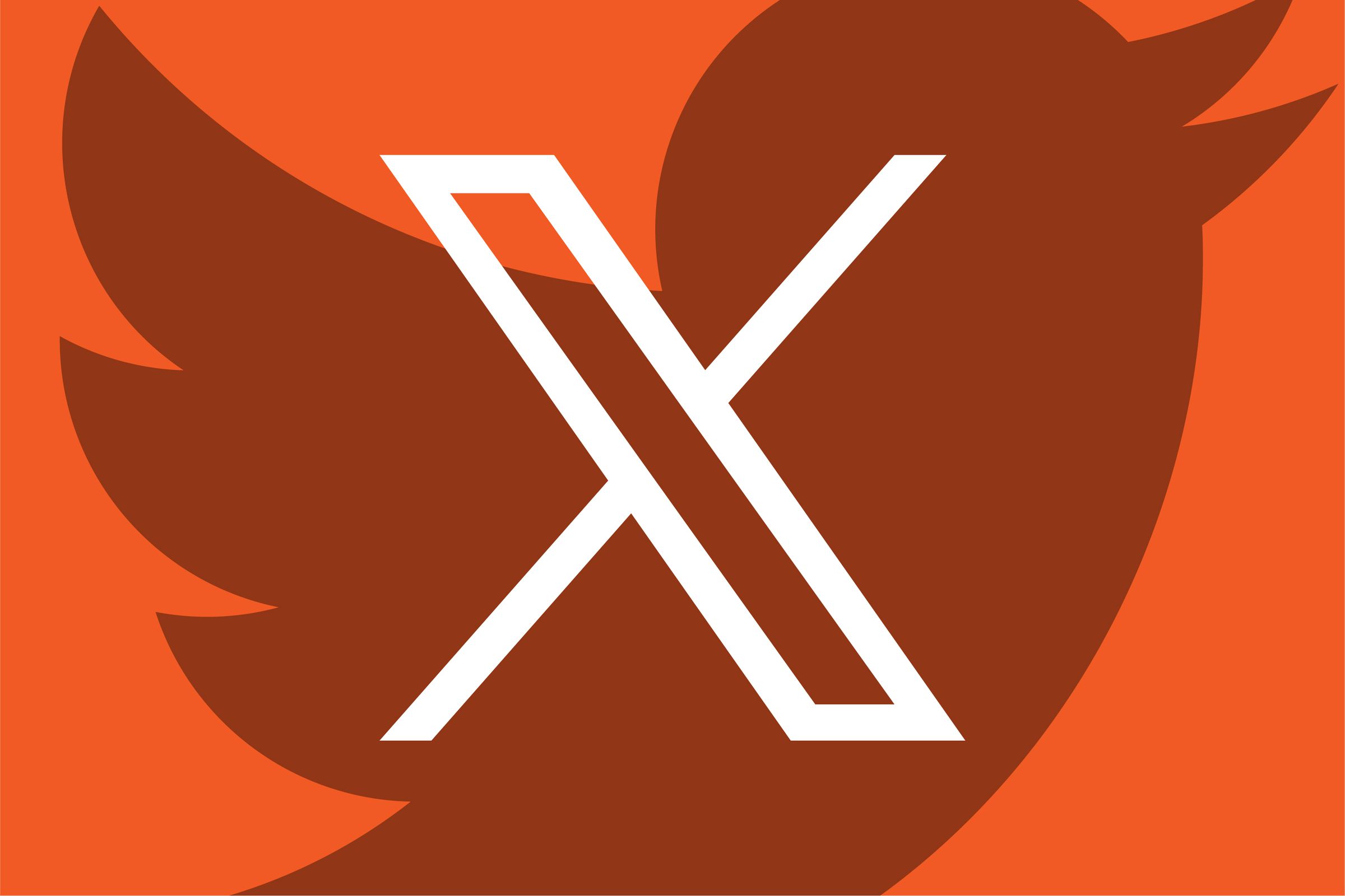 The Twitter bird behind the X logo on a reddish-orange background