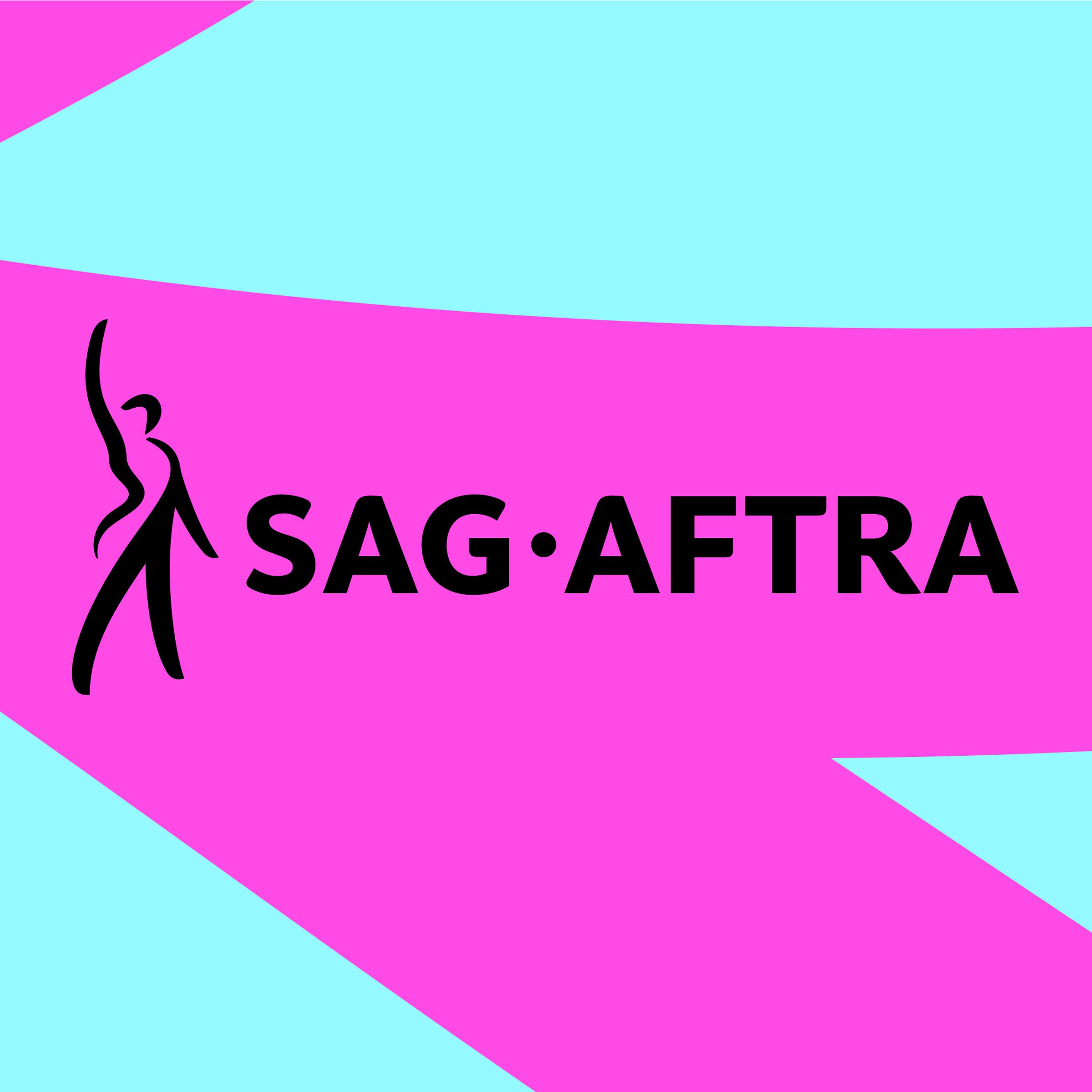 An image showing the SAG-AFTRA logo on a pink and blue background