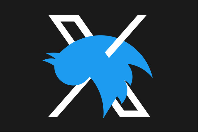upside-down twitter logo being impaled by the new x logo