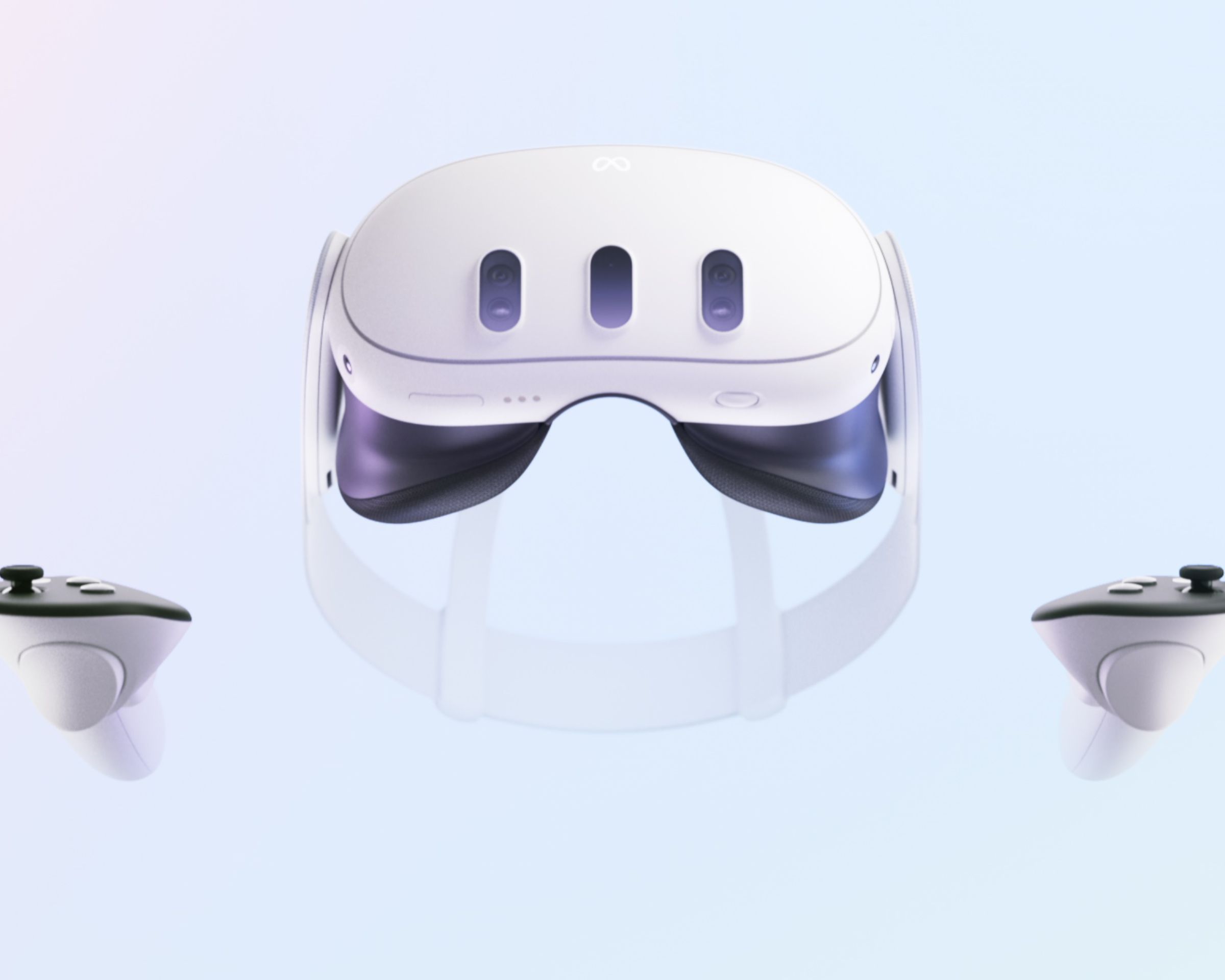 Meta Quest 3 VR headset shown floating, along with two handheld VR controllers