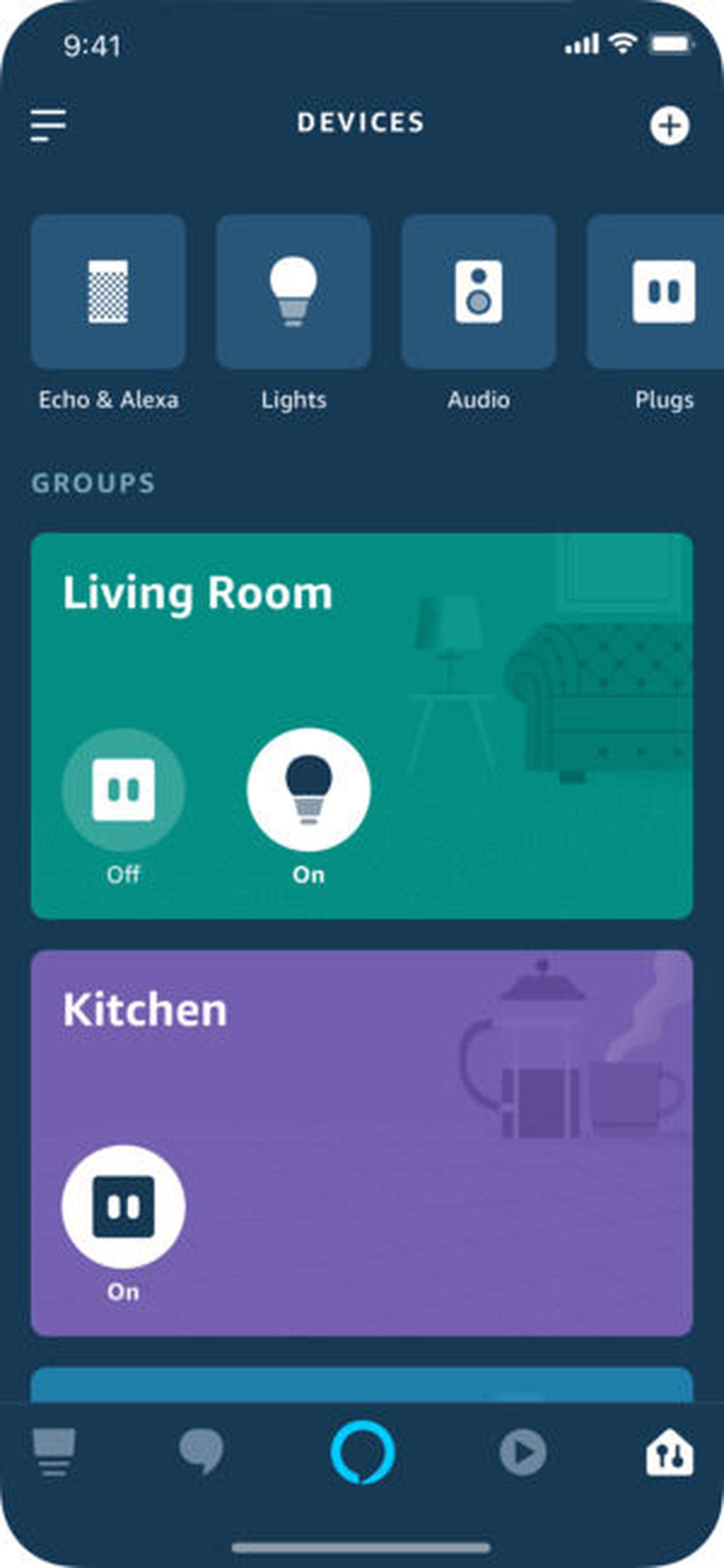 Devices can be seen grouped by room, and can be toggled from a single screen. 
