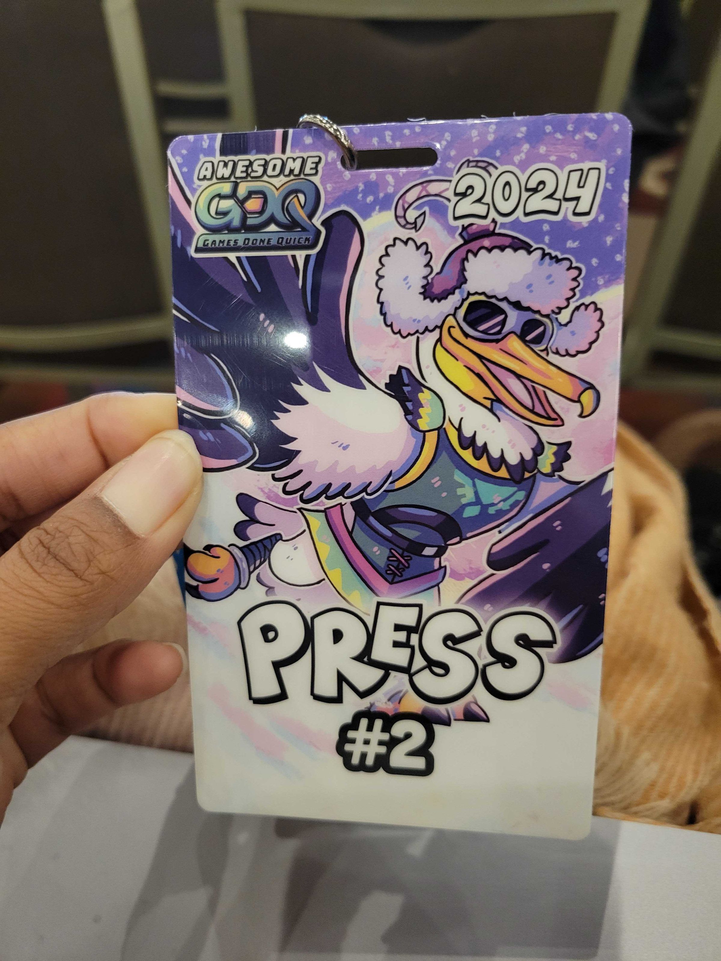Photo of Games Done Quick 2024’s press badge featuring Penn from The Legend of Zelda: Tears of the Kingdom.