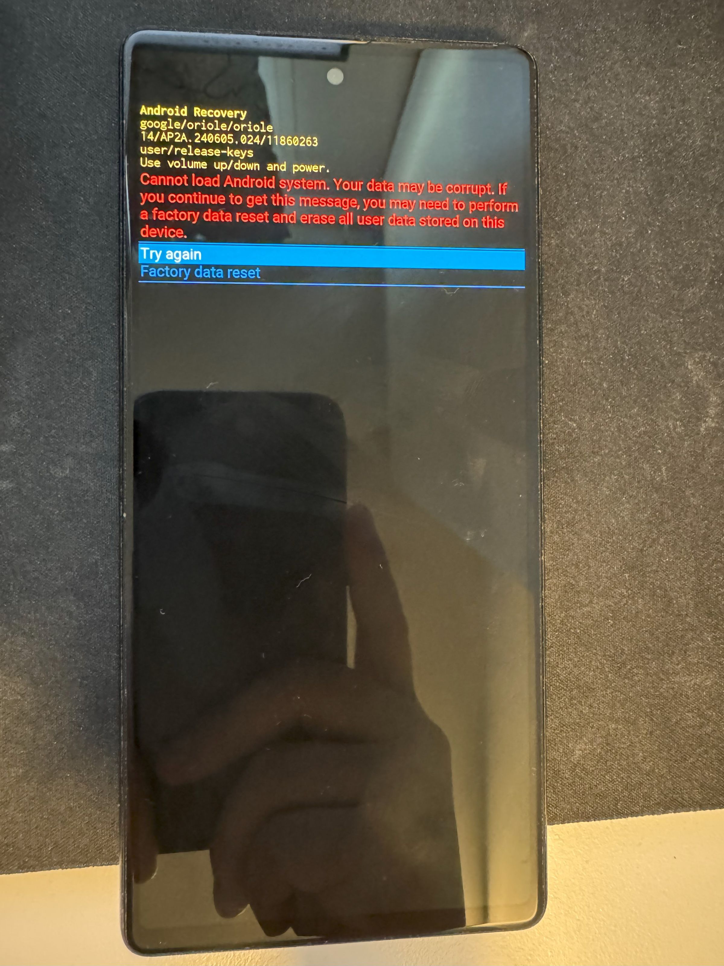 A picture of a Pixel phone with red lettering indicating that the OS cannot load.