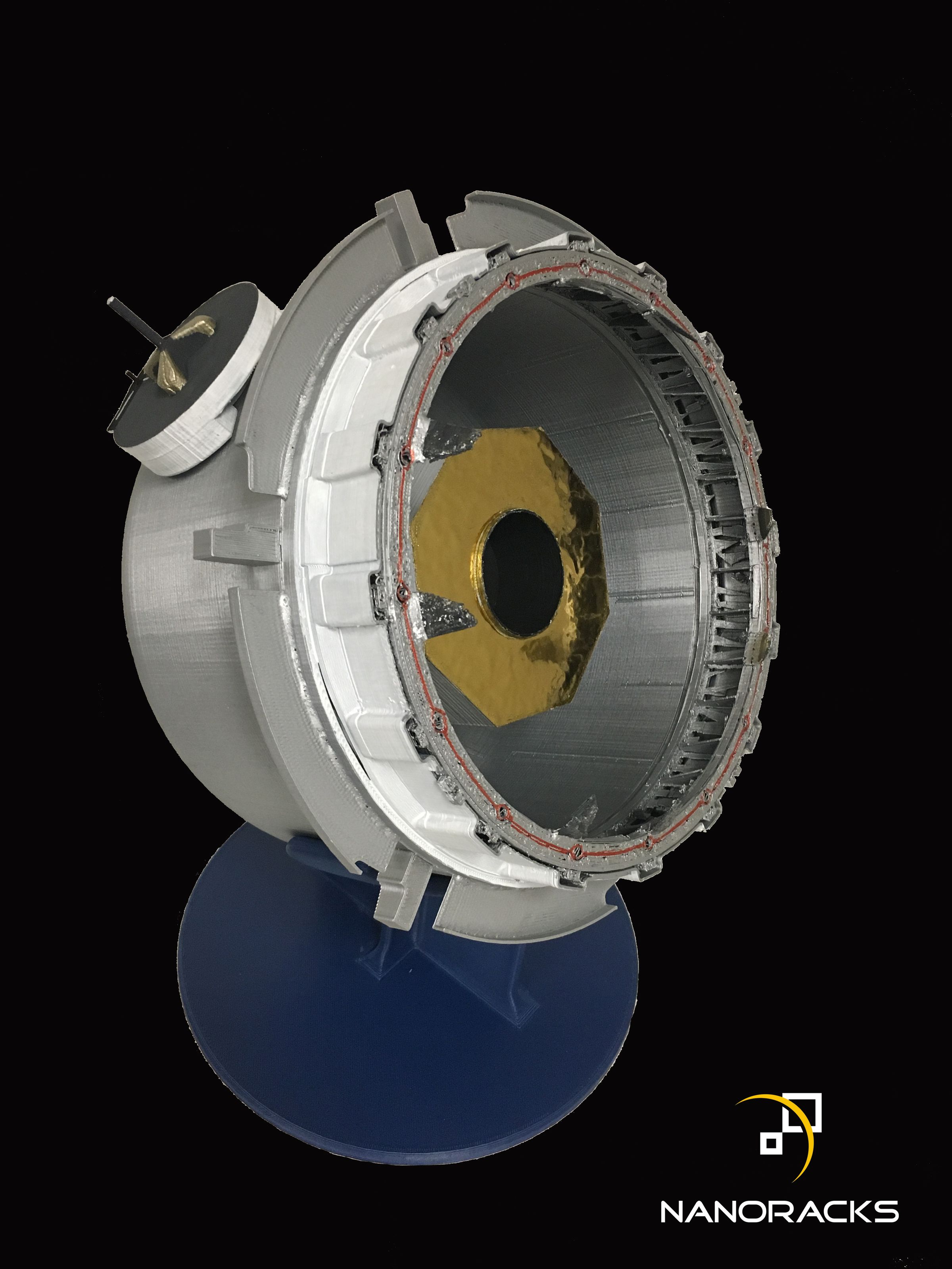 A model of the NanoRacks air lock, showing the opening that will be exposed to space.