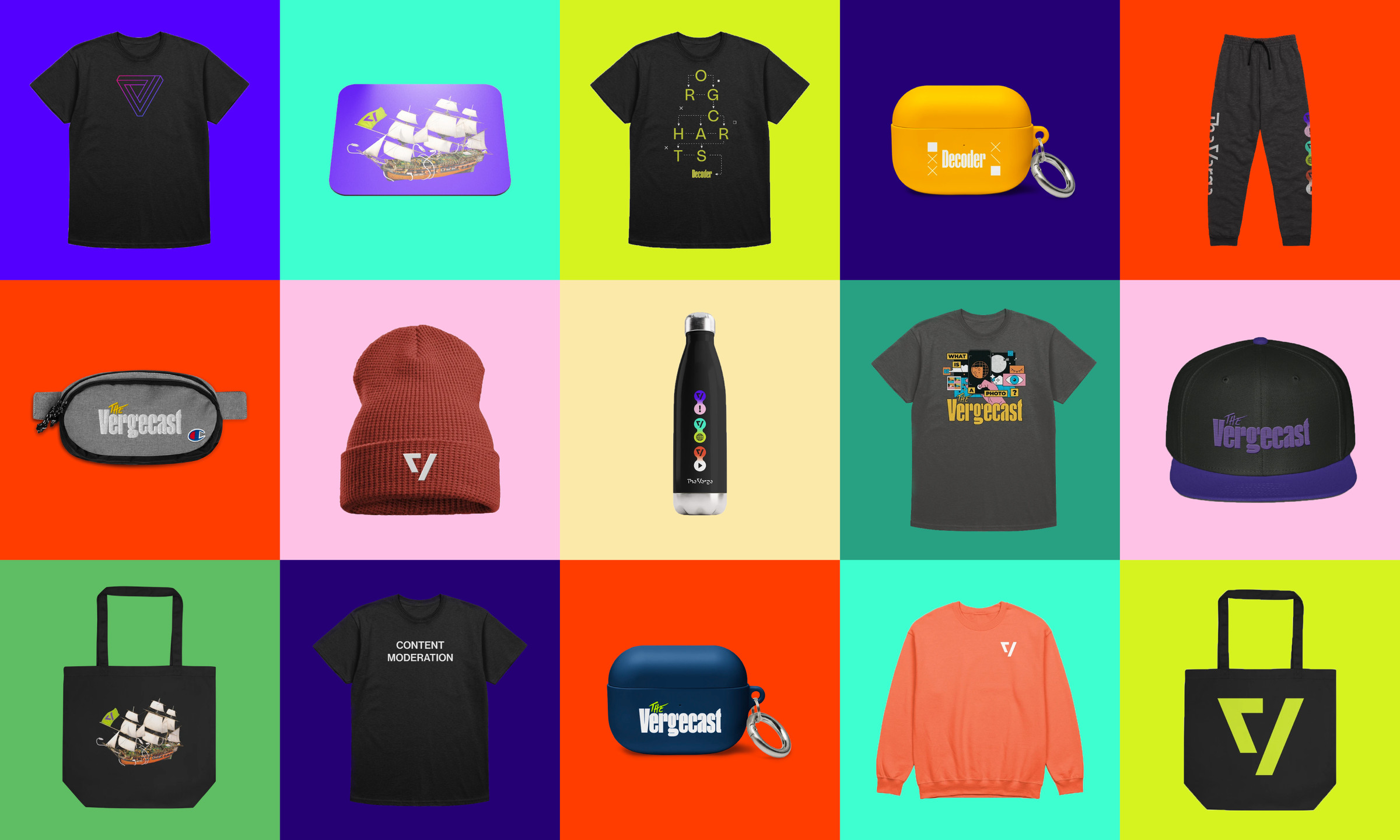 Colorful grid of various merch products from The Verge celebrating the holiday season
