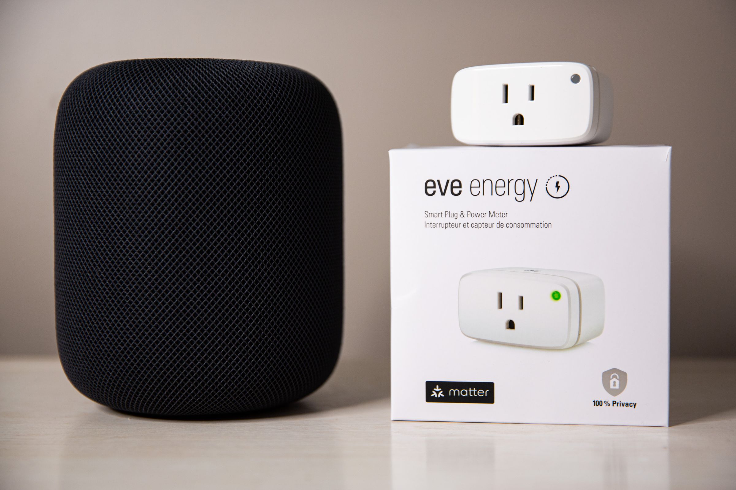 The HomePod is now a Thread border router, as well as a Matter controller, meaning it can control Thread and Matter accessories like this Eve Energy Smart Plug. 