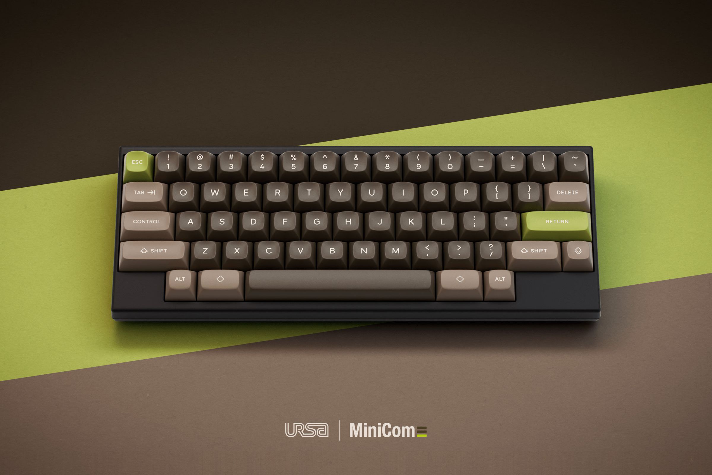 A render of an HHKB-layout keyboard with brown and tan keycaps. The keycaps are spherical profile and have centered Gorton-like legends. 