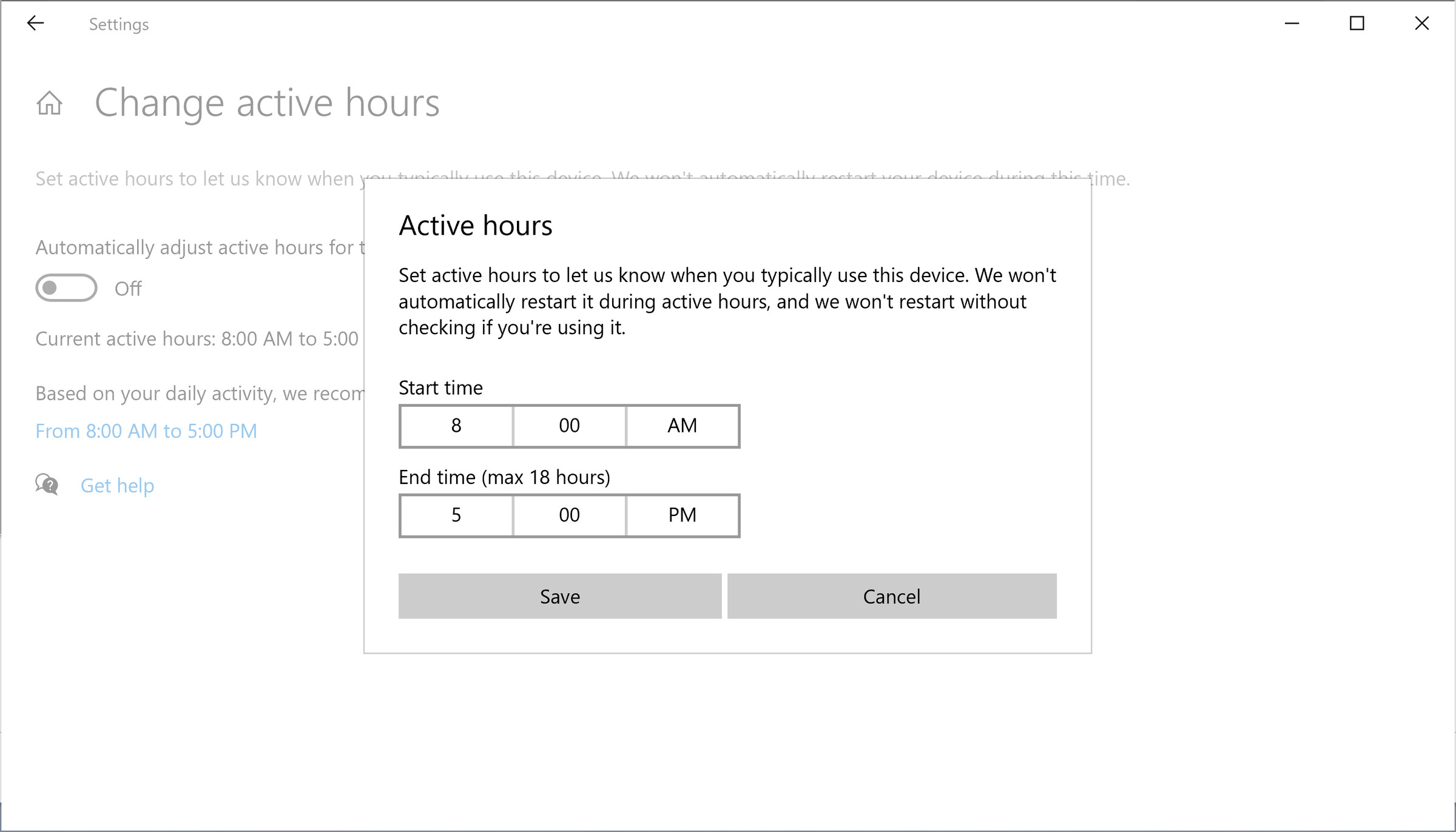 Set your own active hours by adjusting the time in this window.
