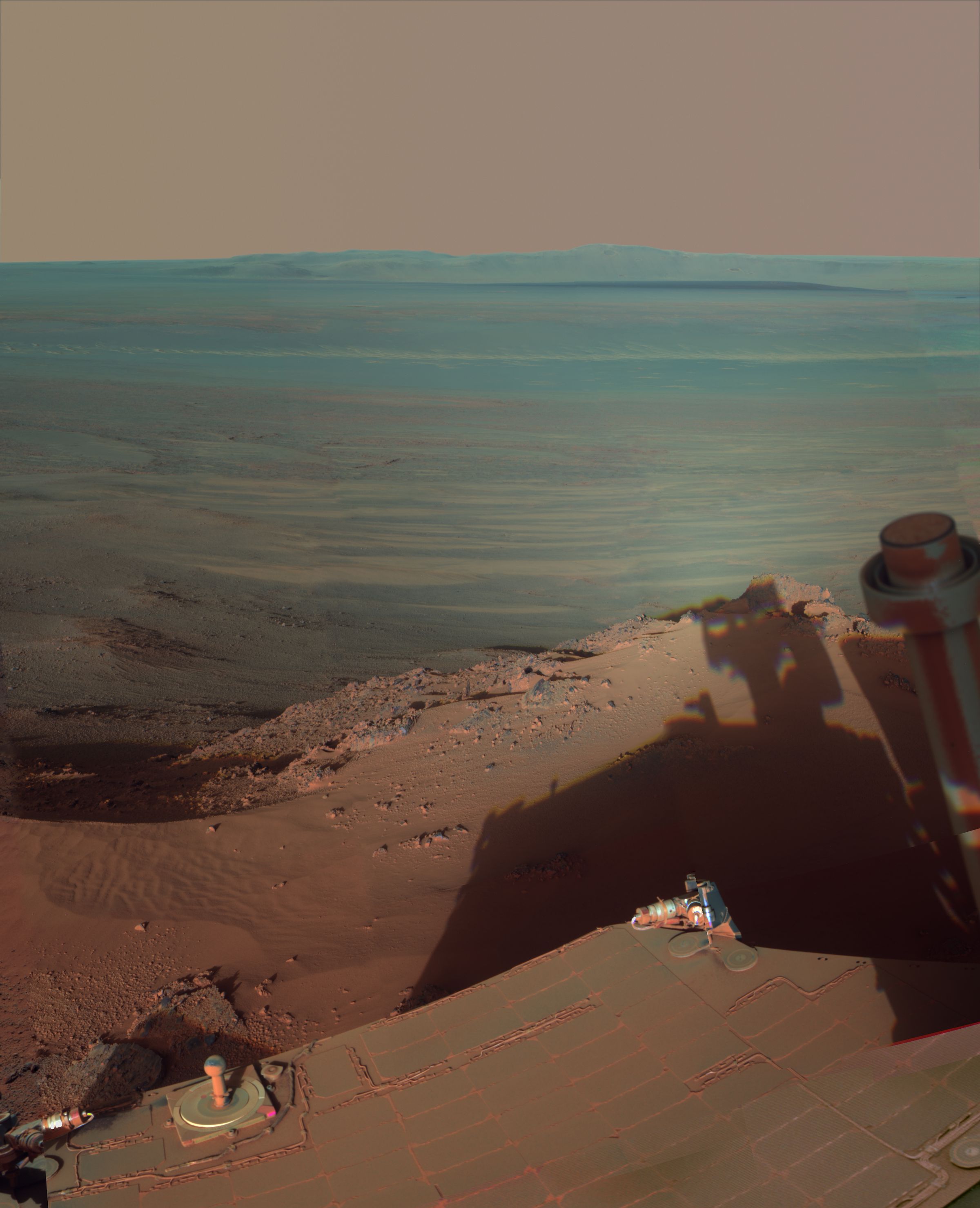 Opportunity captured some stunning landscapes, including this view across Endeavor Crater, taken in 2012. The rover itself is visible in the lower part of the image.