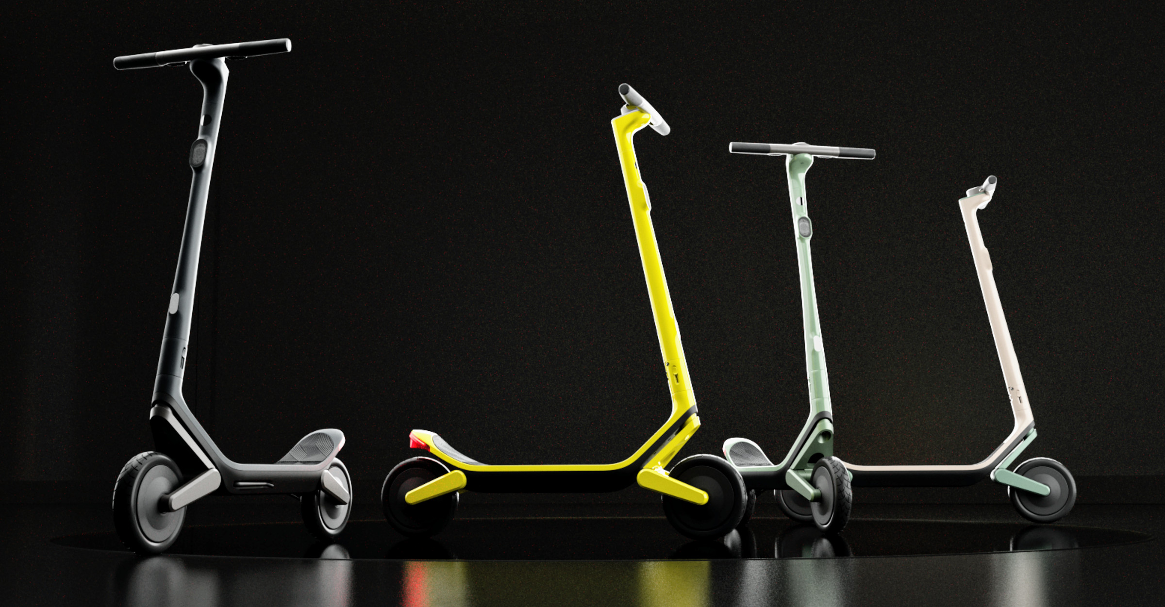 Four Unagi Model Eleven scooters on a black background.