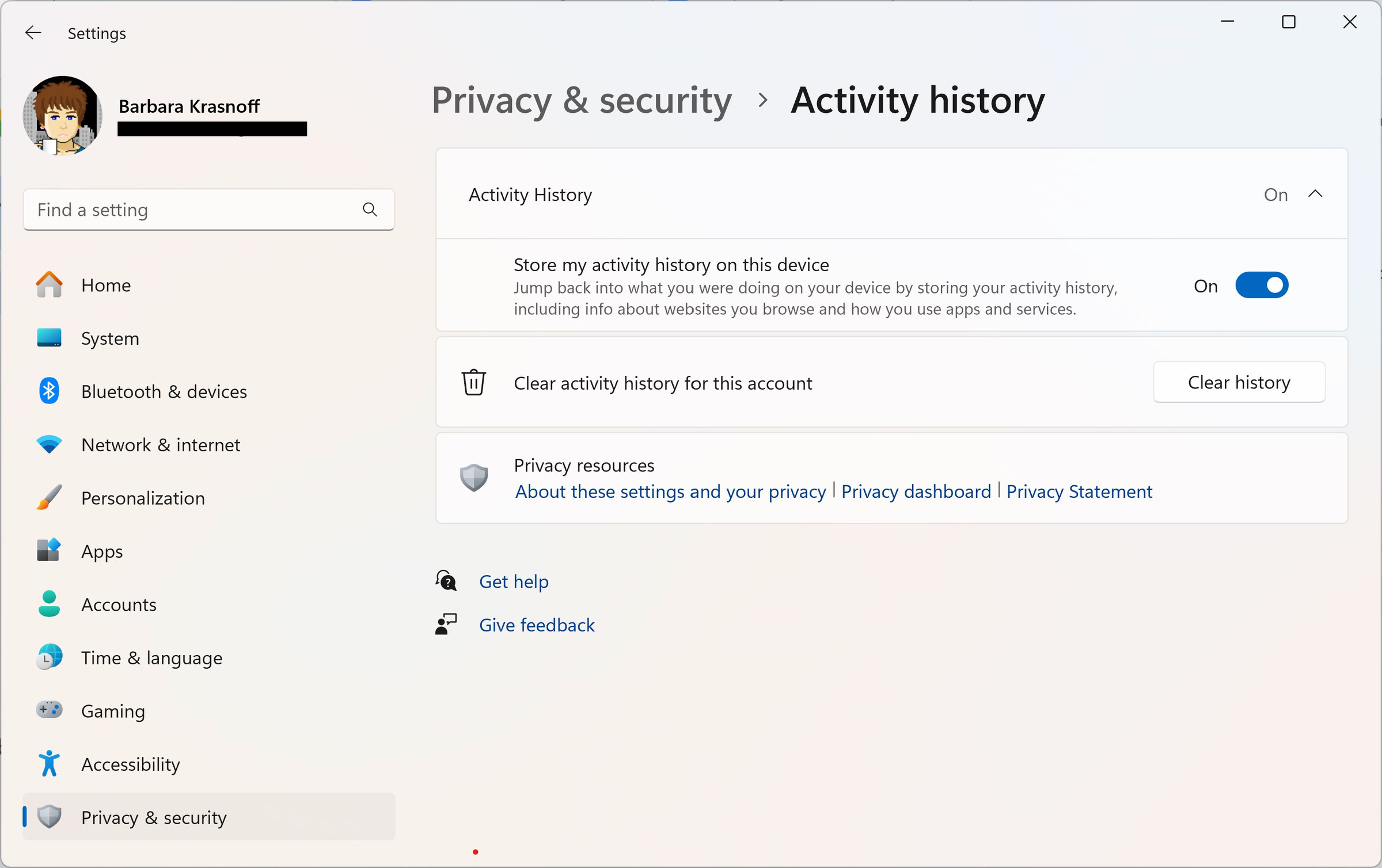 The Privacy &amp; security &gt; Activity history page in Windows 11 settings.