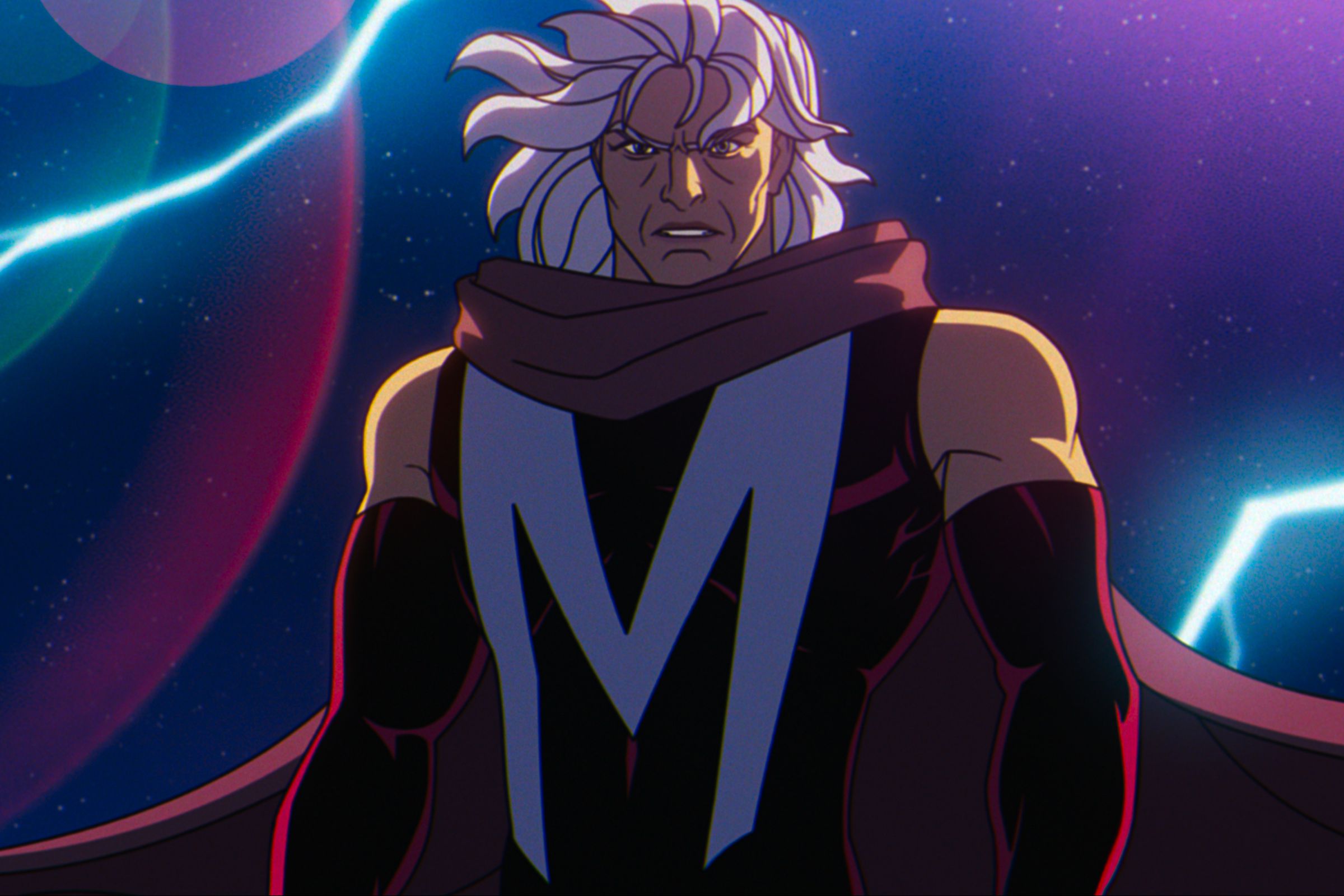 A man wearing a sleeveless maroon body suit emblazoned with a white M across the chest. The man is also wearing matching shoulder-length gloves and a cape, and behind him, lightning is flashing.