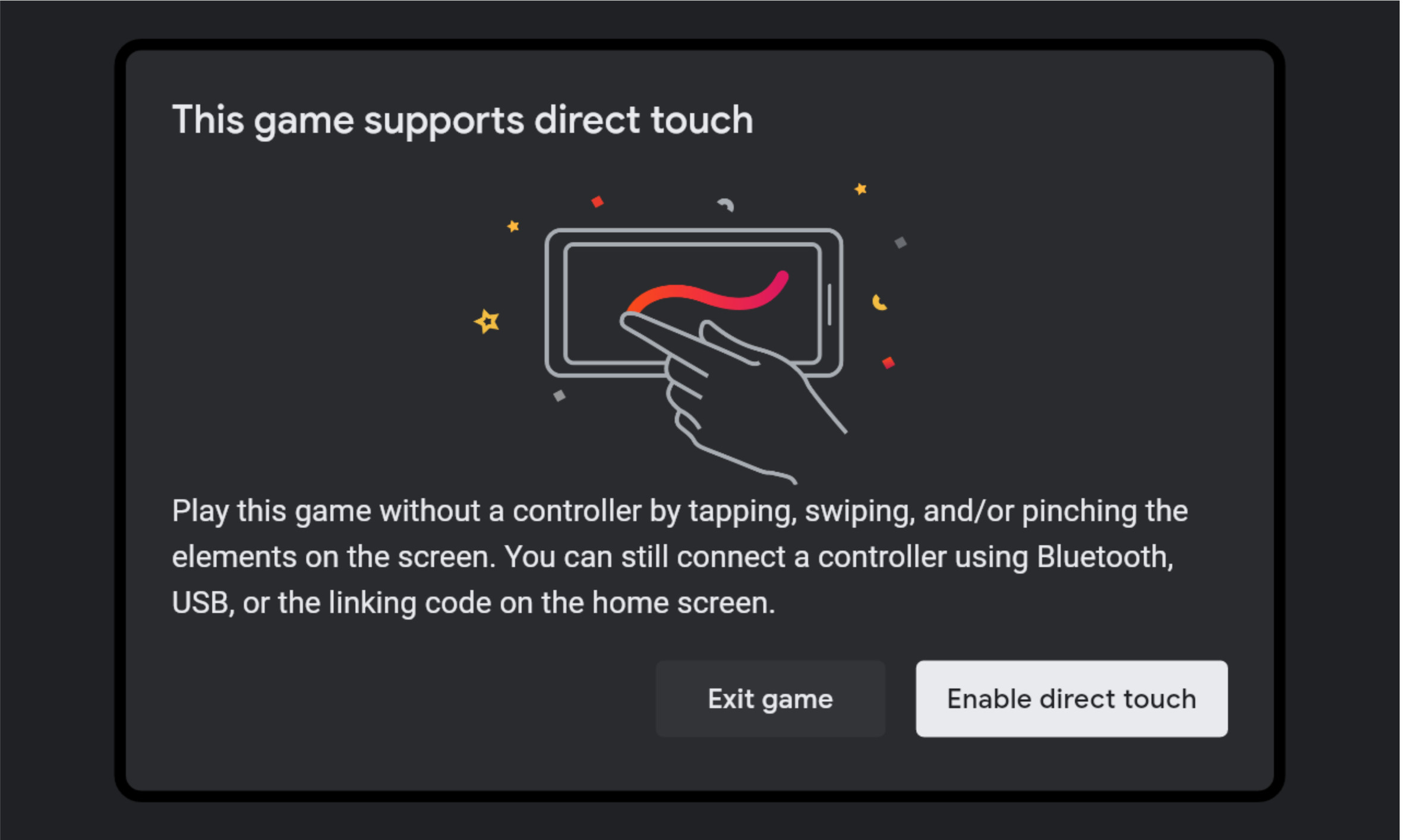 Stadia’s in-app prompt to enable direct touch.