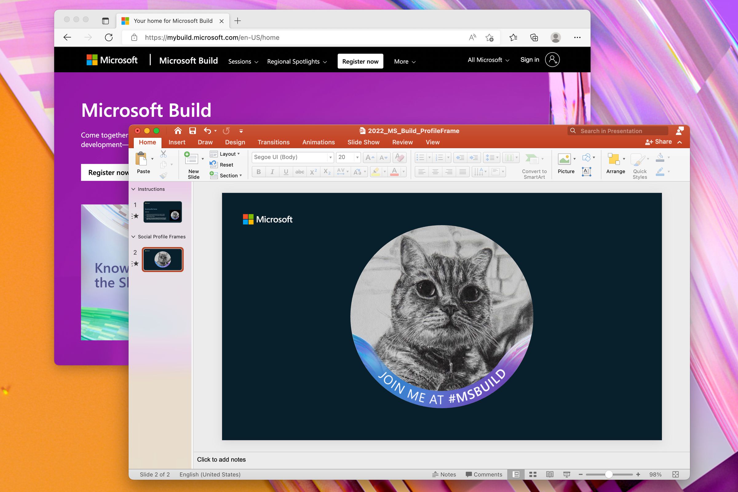 Microsoft’s Build social media profile template has a cute cat as a placeholder. You can download it here (warning: 75MB zip file) along with themed wallpapers and Teams backgrounds.