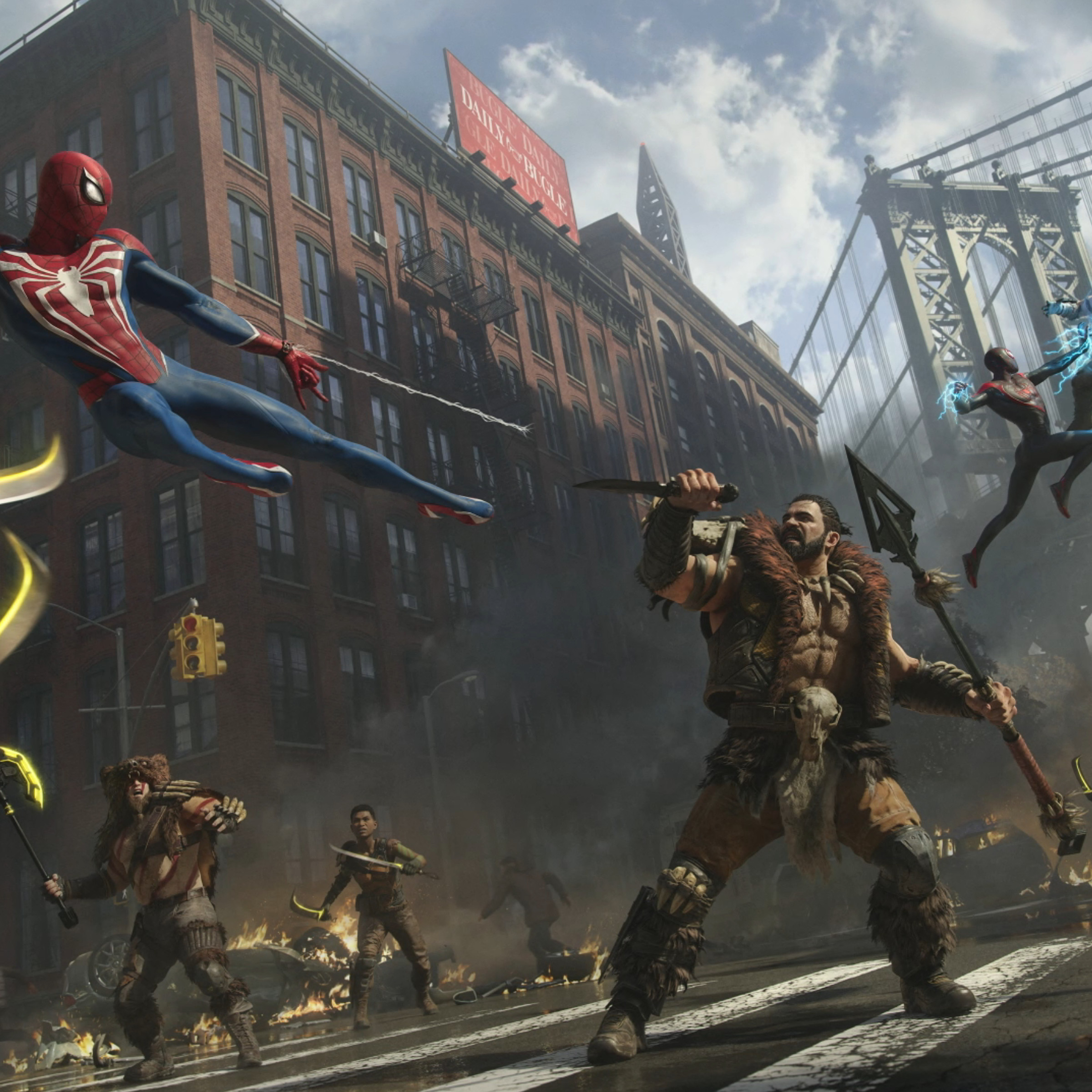 Screenshot from Marvel’s Spider-Man 2 featuring Peter Parker and Miles Morales Spiders-Men fighting Kraven the Hunter