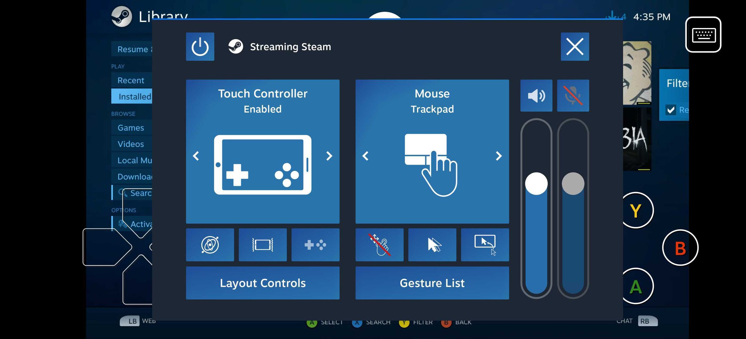 O captură de ecran a aplicației Steam Link care arată setările controlerului care pot fi ajustate.