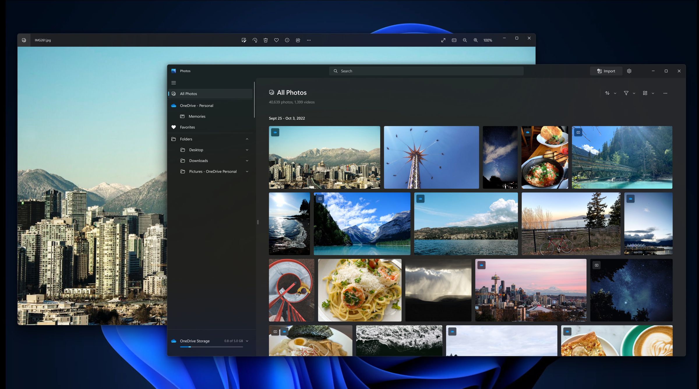 One Windows 11 window shows Microsoft’s redesigned Photos app. Behind it is another window showing a large photo.