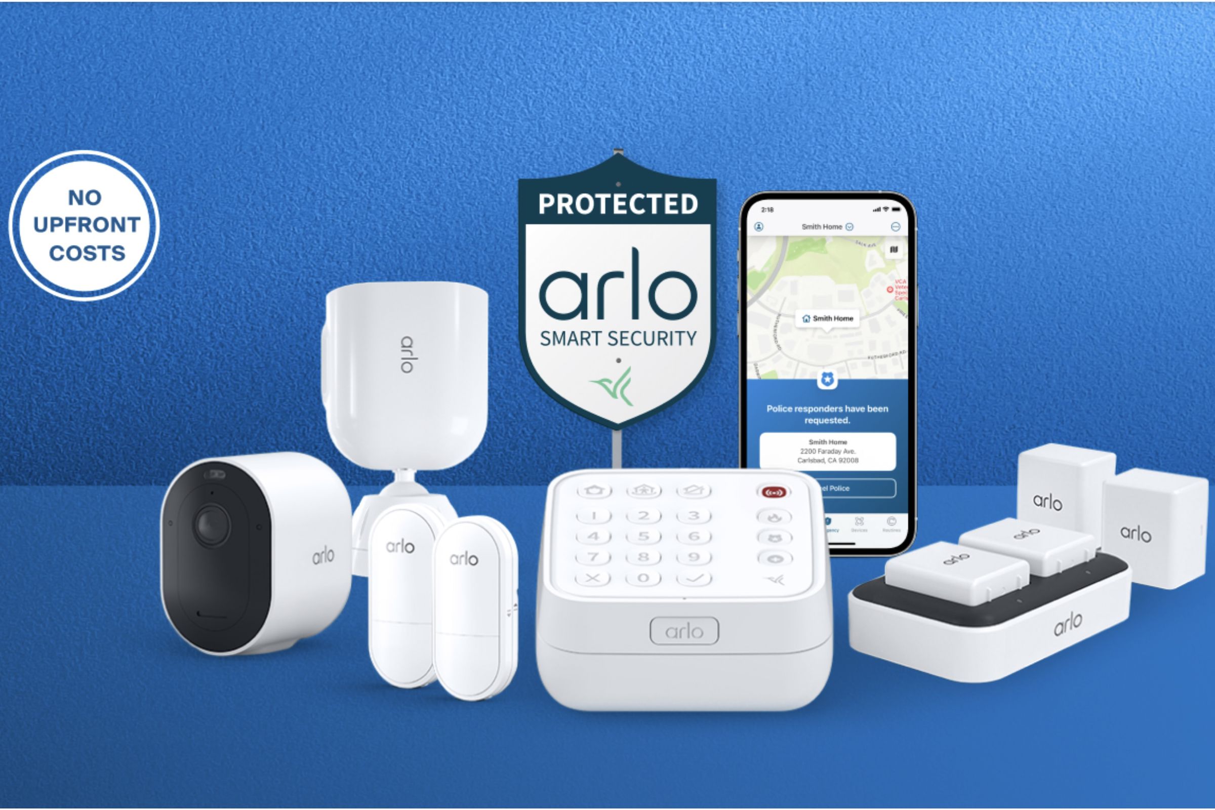 Sign that says protected Arlo smart security, no upfront costs, and pictures of security cameras, sensors, keypad, and batteries.