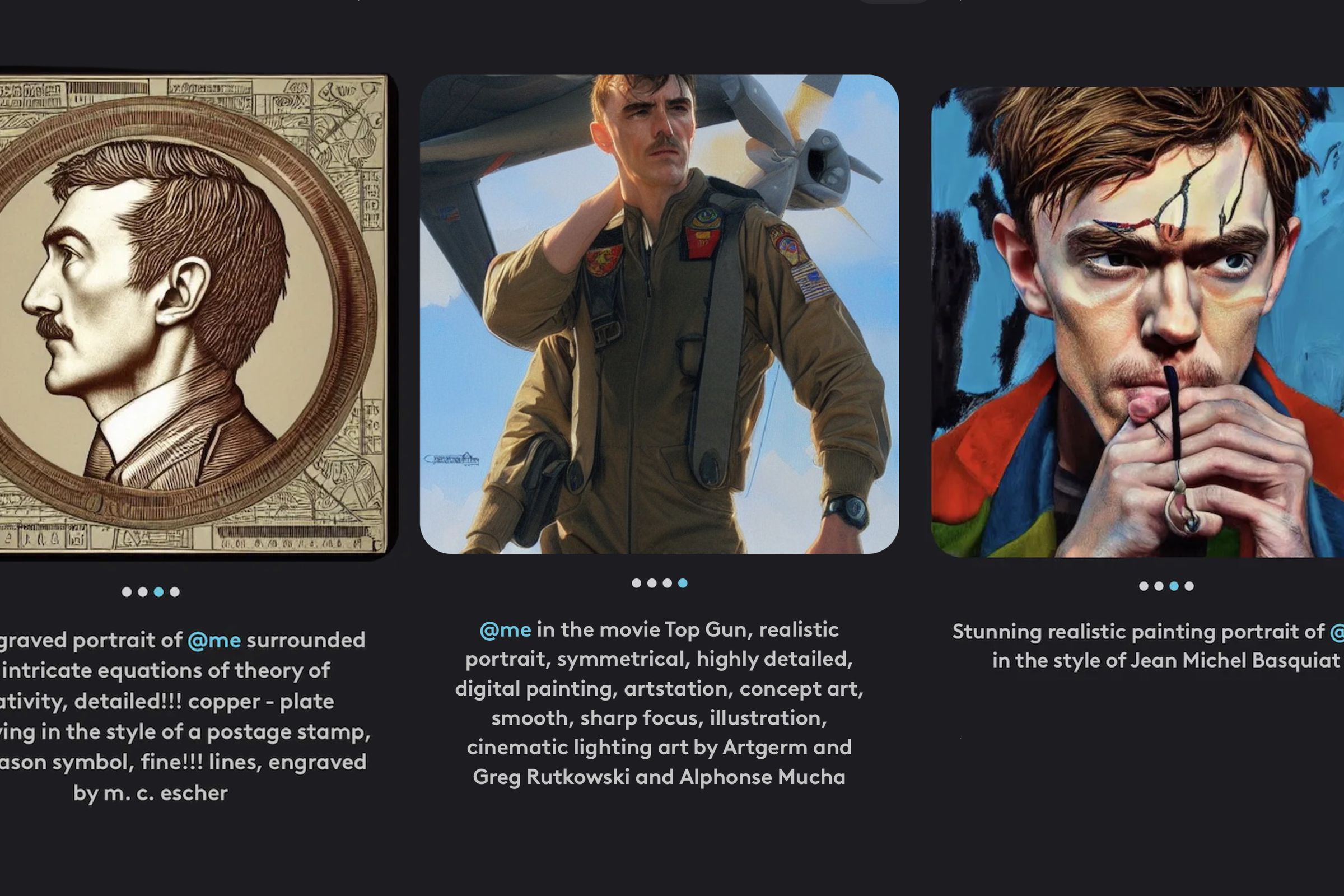 A trio of digital paintings of the same man in different styles, of M.C. Escher, the Top Gun movie, and Jean-Michel Basquiat.