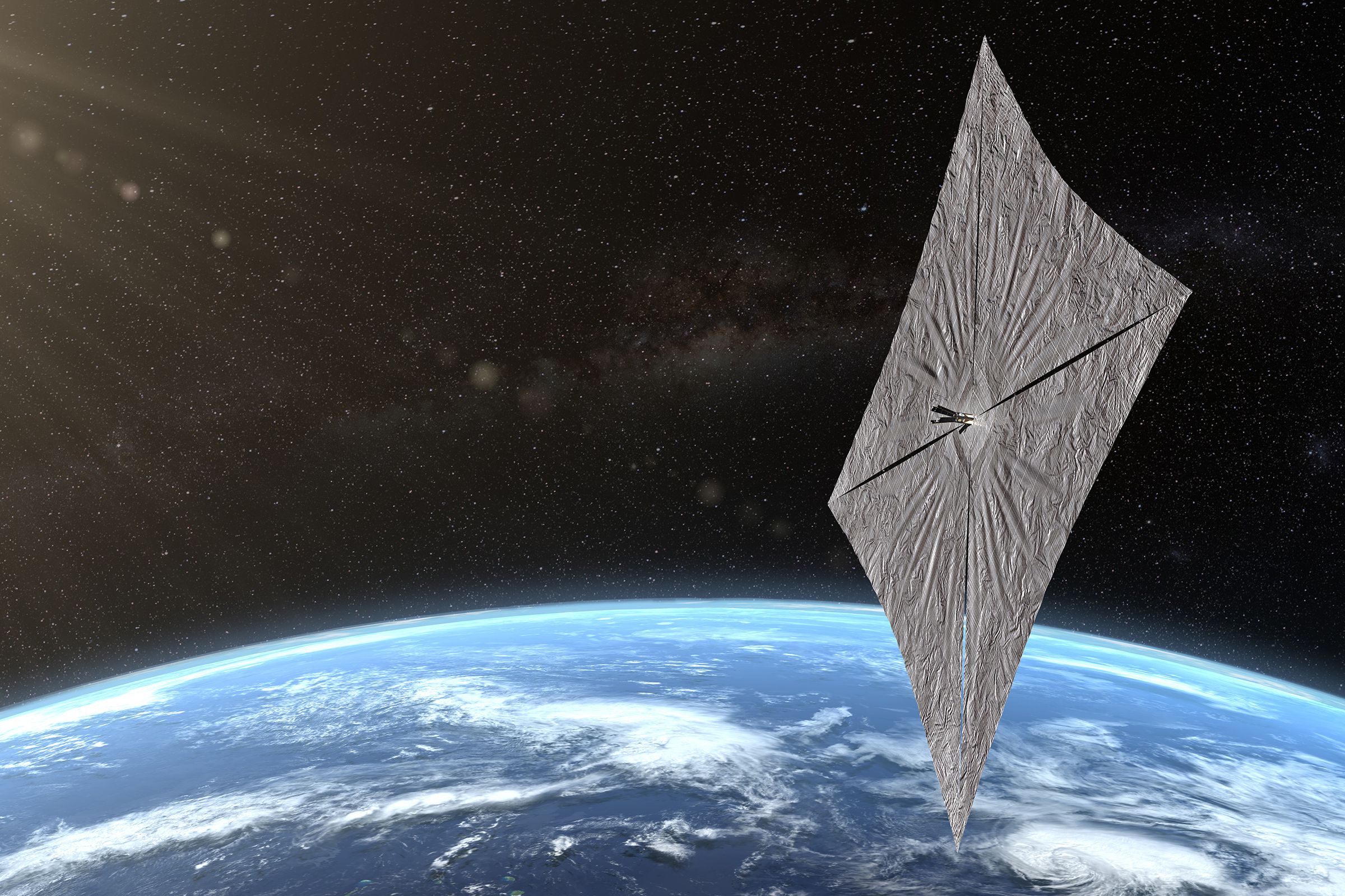 An artistic rendering of Planetary Society’s LightSail 2 with its sail deployed