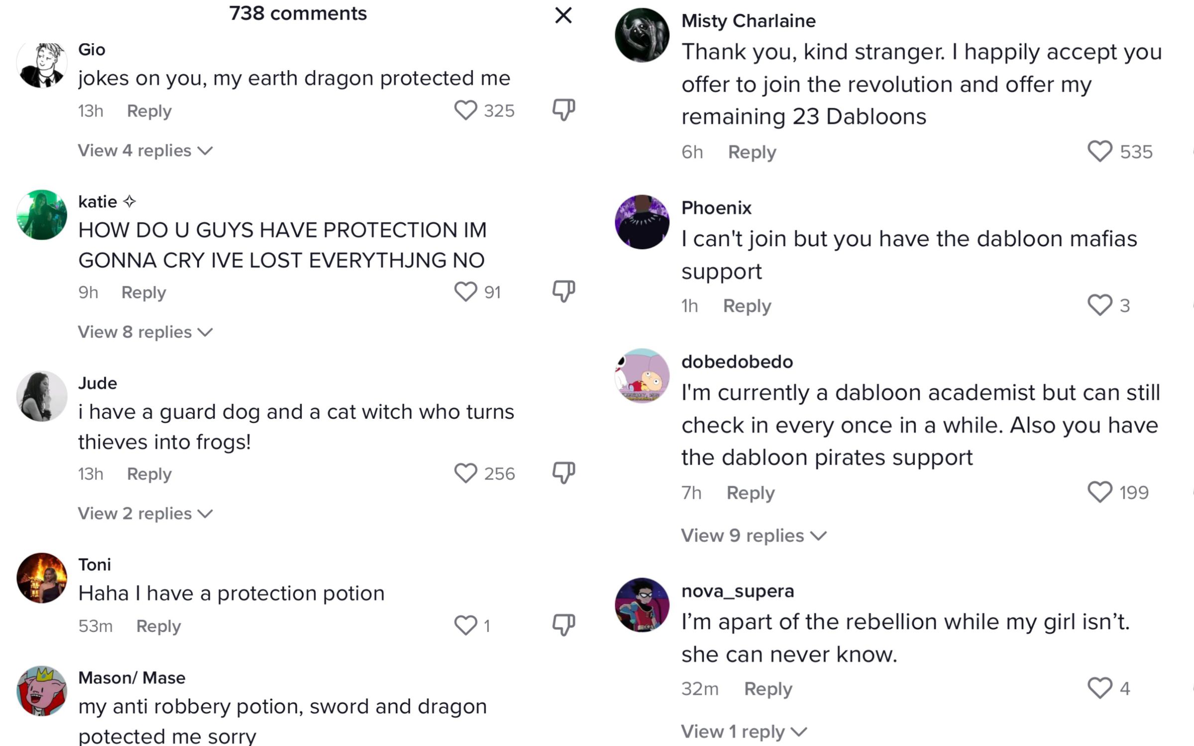 Comentários retirados do tiktok mostrando usuários interagindo como se estivessem em um RPG de fantasia.