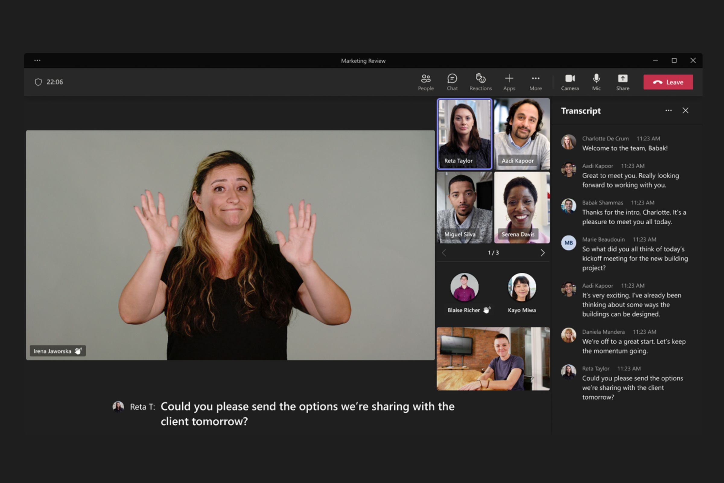A screenshot of Microsoft Teams new sign language view. A signer is prioritized on the left, with another call participants kept separately on the right.