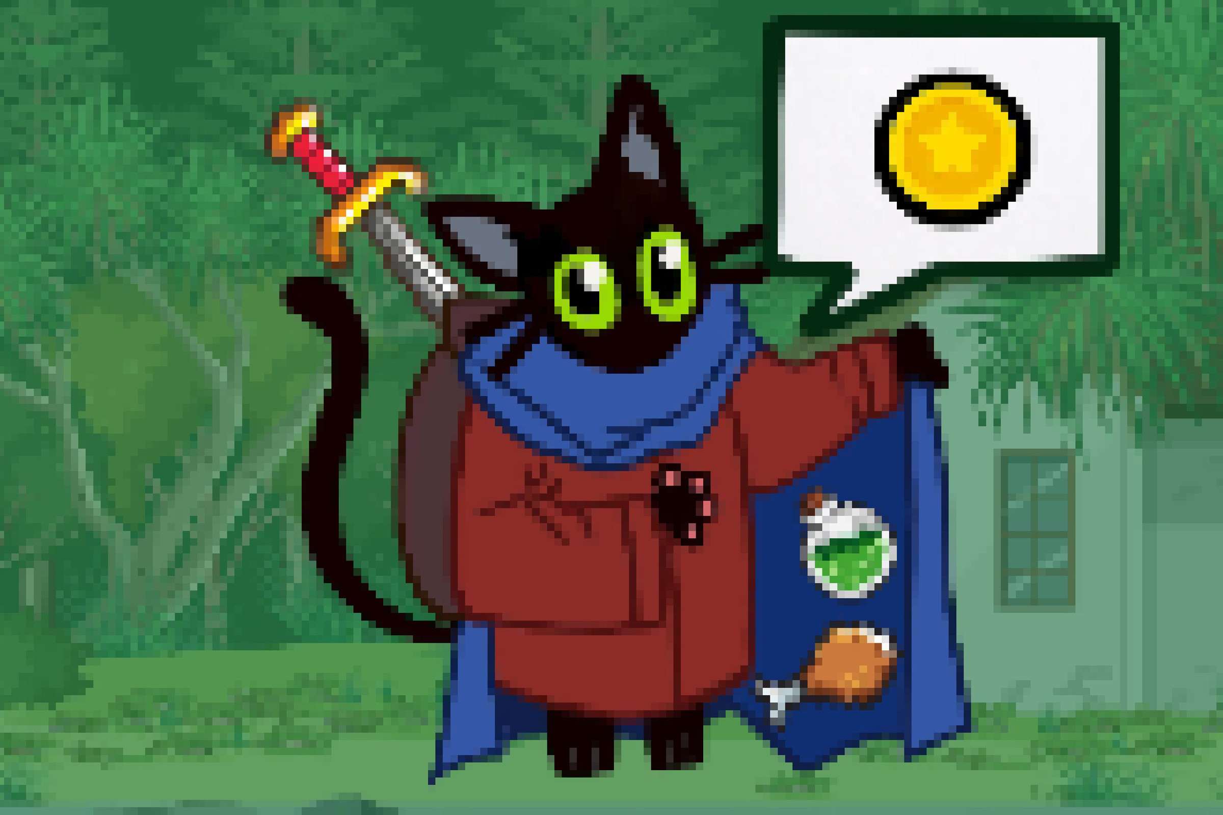 A pixelart cat merchent in the woodlands. He has a sword on his back and potions or a chicken leg to sell. He is asking for a dabloon.